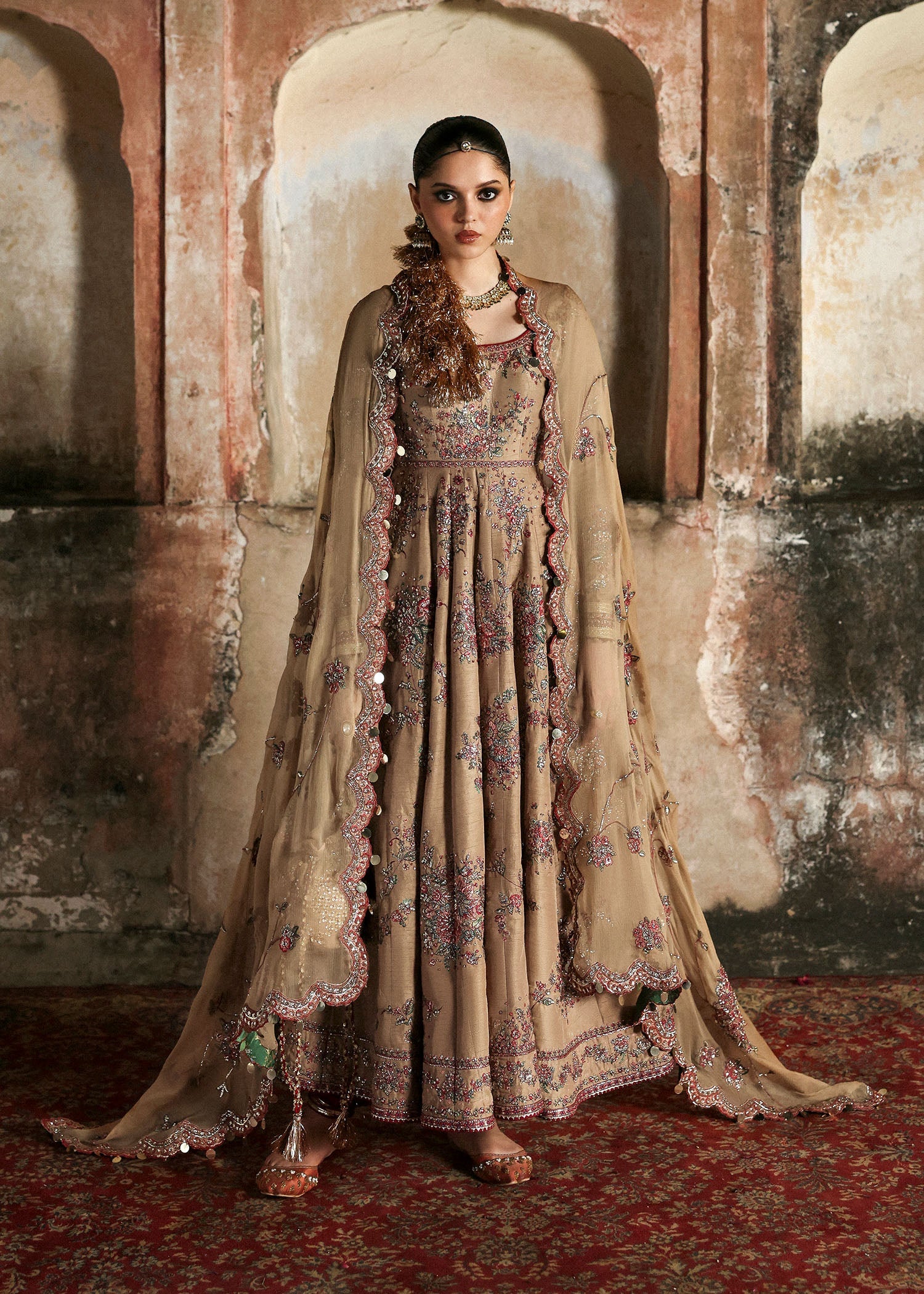 Women wearing Hussain Rehar mahvash Beige Pishwas with churidar for Wedding wear, Guest of Wedding - Pakistani Designer Wear for Women in UK | Kifat