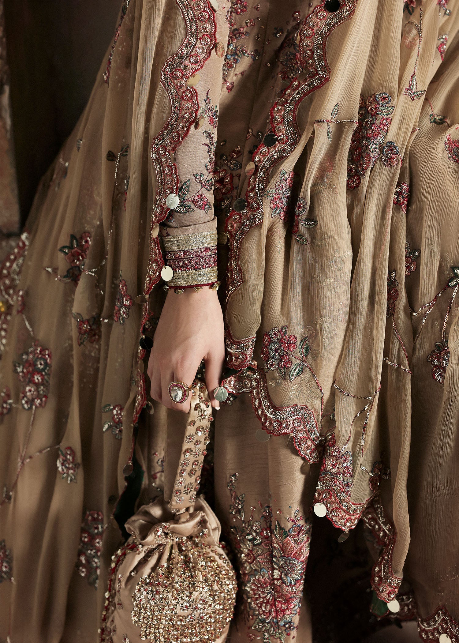 Women wearing Hussain Rehar mahvash Beige Pishwas with churidar for Wedding wear, Guest of Wedding - Pakistani Designer Wear for Women in UK | Kifat