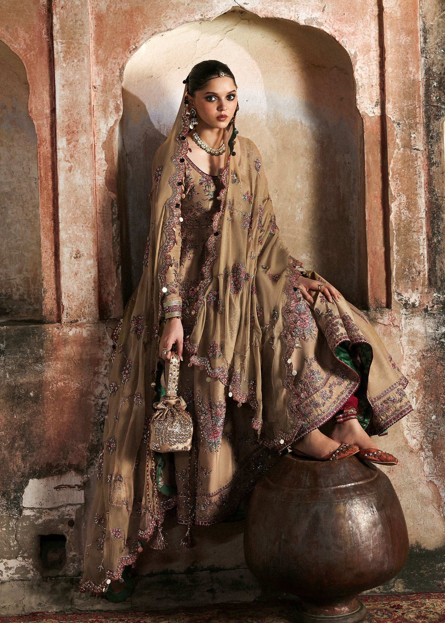 Women wearing Hussain Rehar mahvash Beige Pishwas with churidar for Wedding wear, Guest of Wedding - Pakistani Designer Wear for Women in UK | Kifat