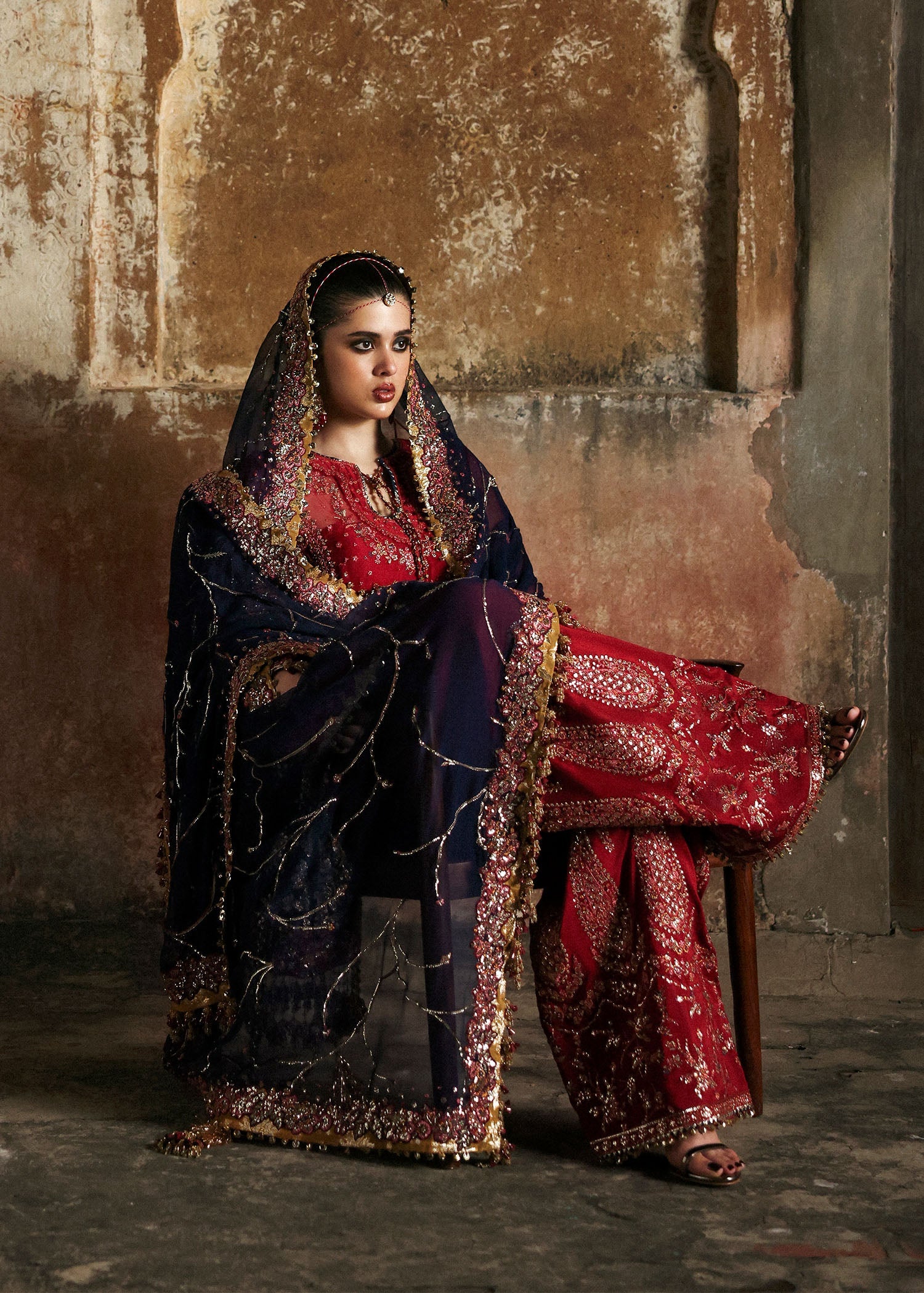Women wearing Hussain Rehar shahrbano Cherry Red shirt with shalwar for Wedding wear, Guest of Wedding - Pakistani Designer Wear for Women in UK | Kifat