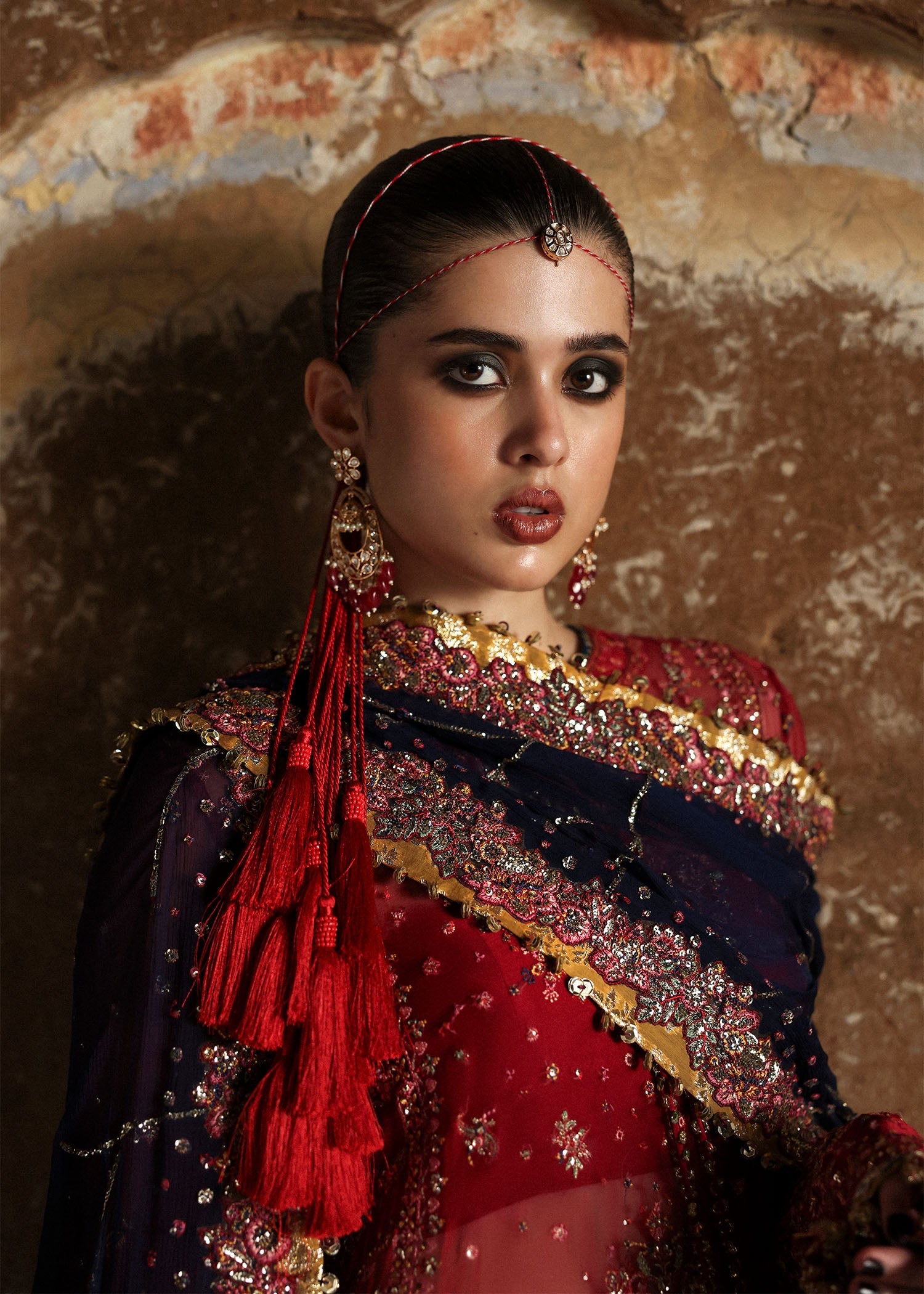 Women wearing Hussain Rehar shahrbano Cherry Red shirt with shalwar for Wedding wear, Guest of Wedding - Pakistani Designer Wear for Women in UK | Kifat