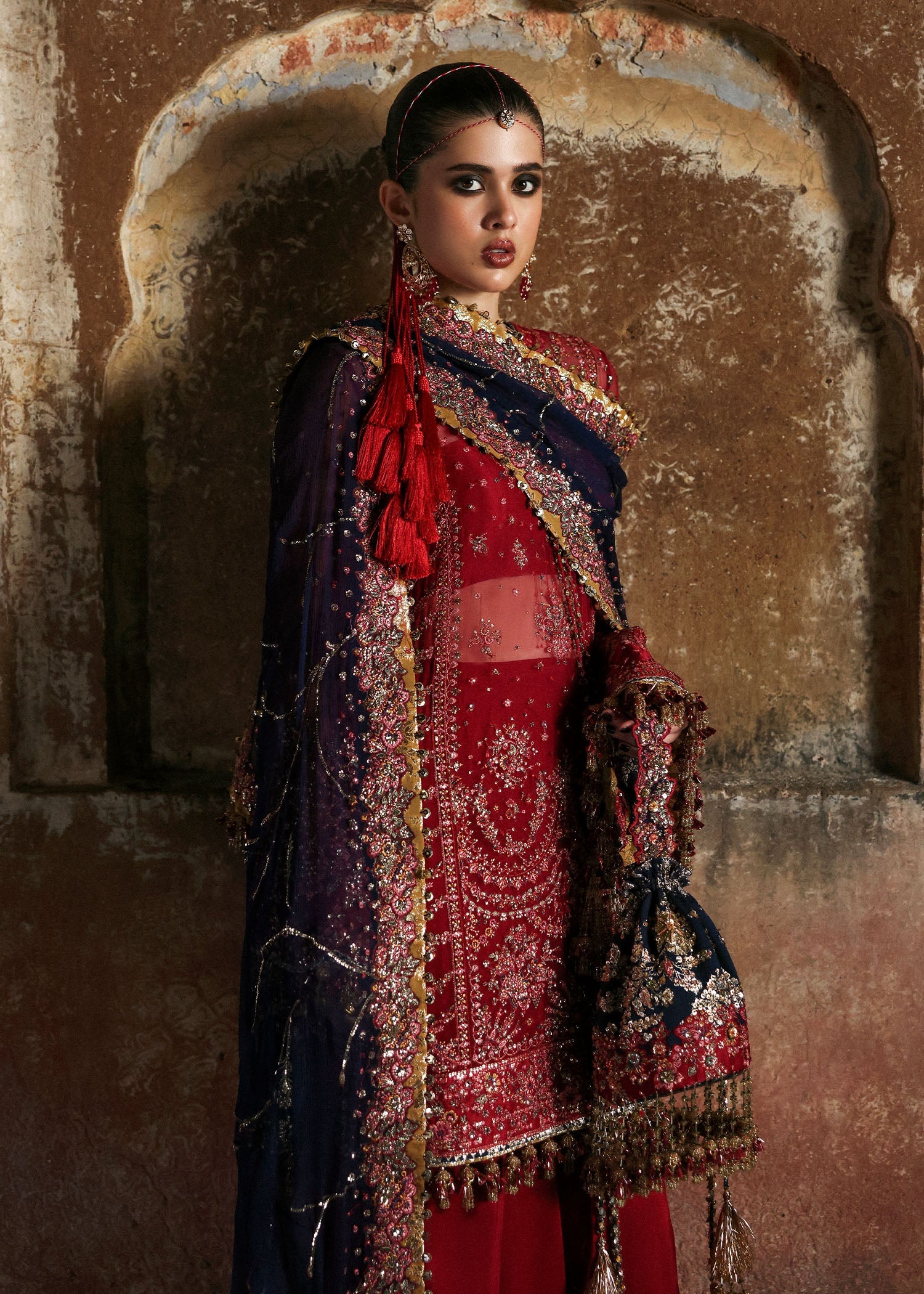 Women wearing Hussain Rehar shahrbano Cherry Red shirt with shalwar for Wedding wear, Guest of Wedding - Pakistani Designer Wear for Women in UK | Kifat