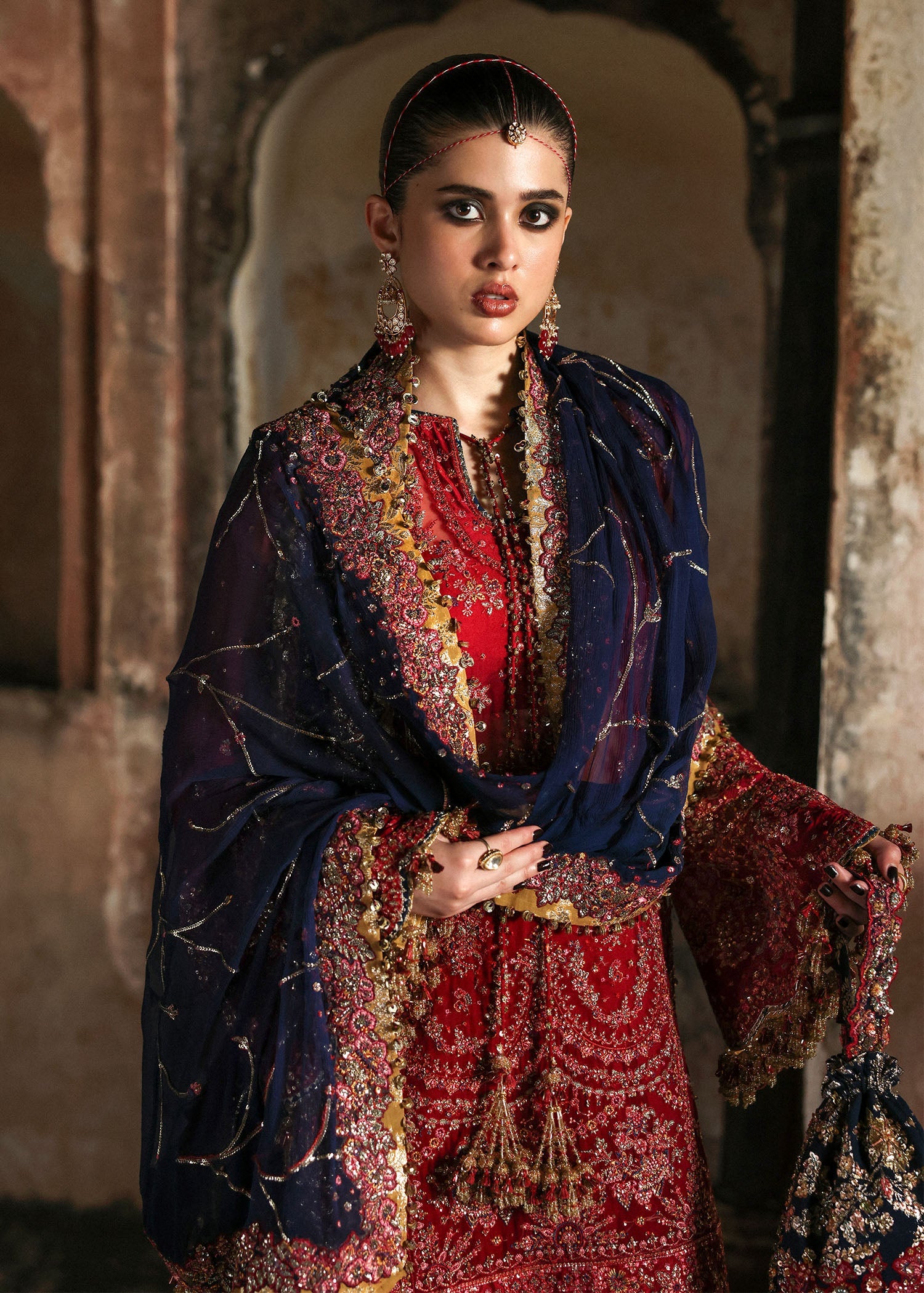 Women wearing Hussain Rehar shahrbano Cherry Red shirt with shalwar for Wedding wear, Guest of Wedding - Pakistani Designer Wear for Women in UK | Kifat