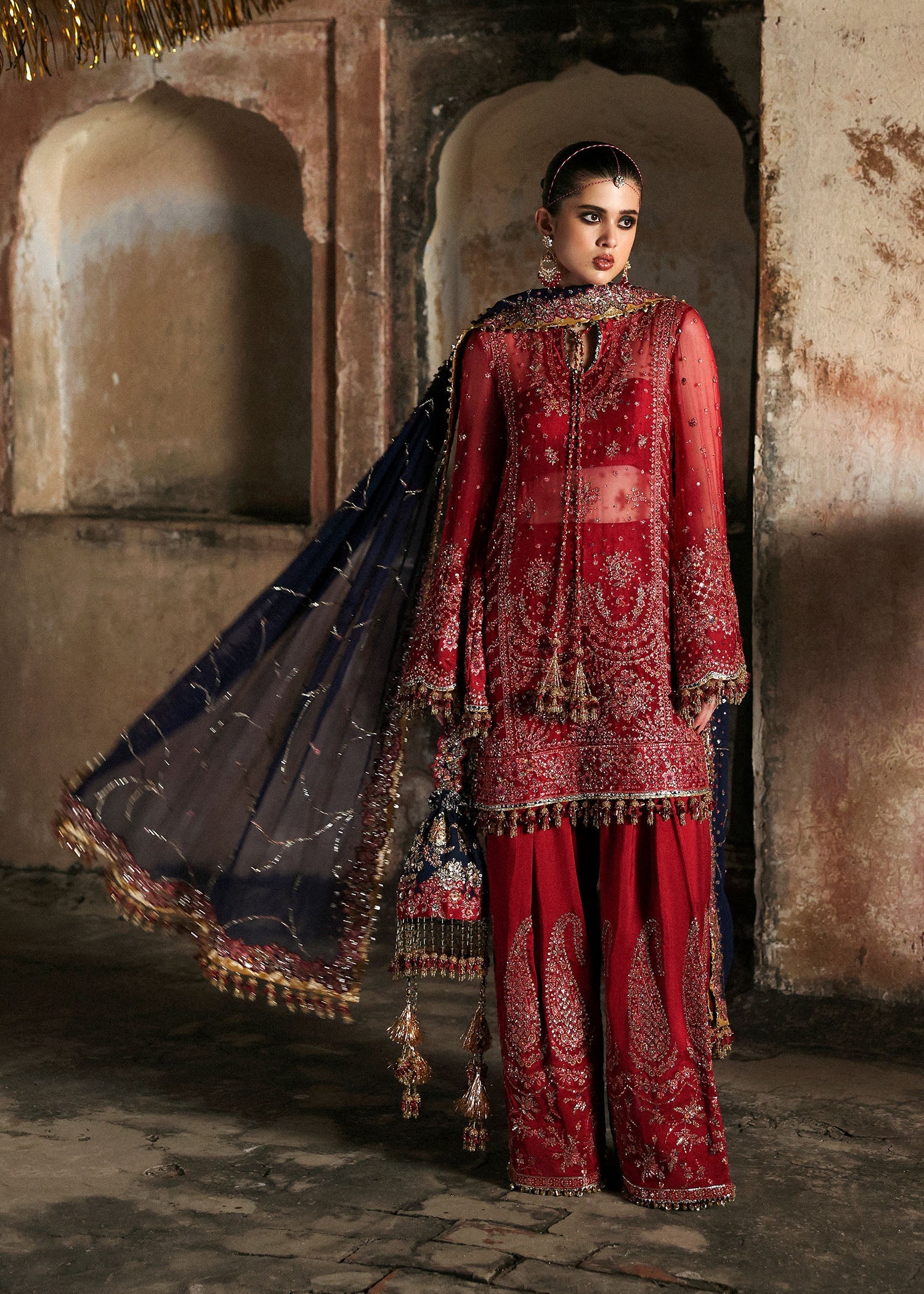 Women wearing Hussain Rehar shahrbano Cherry Red shirt with shalwar for Wedding wear, Guest of Wedding - Pakistani Designer Wear for Women in UK | Kifat