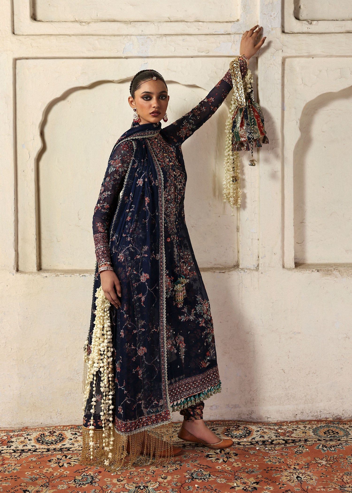 Women wearing Hussain Rehar rabab Navy Blue shirt with churidar for Wedding wear, Guest of Wedding - Pakistani Designer Wear for Women in UK | Kifat