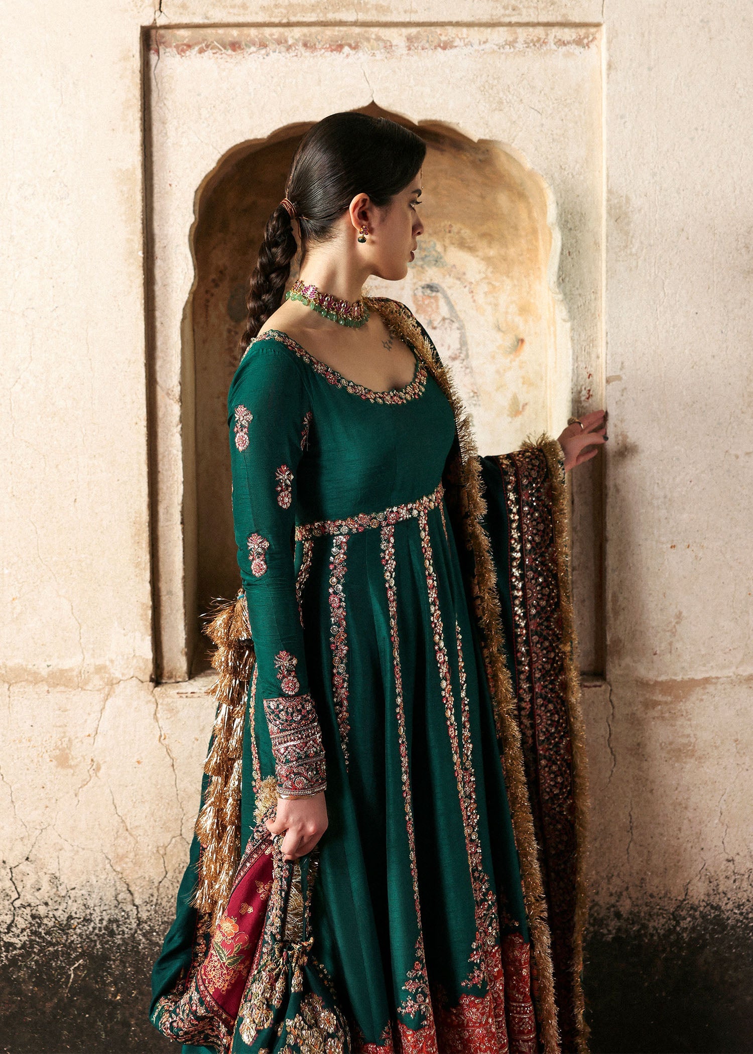 Women wearing Hussain Rehar meherunissa Emerald Green Pishwas with churidar for Wedding wear, Guest of Wedding - Pakistani Designer Wear for Women in UK | Kifat