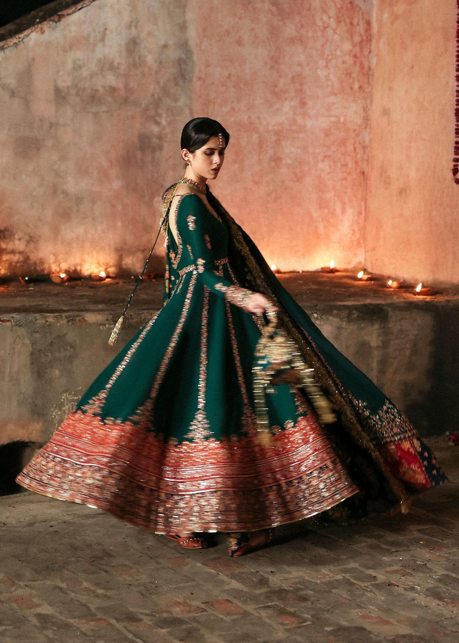 Women wearing Hussain Rehar meherunissa Emerald Green Pishwas with churidar for Wedding wear, Guest of Wedding - Pakistani Designer Wear for Women in UK | Kifat