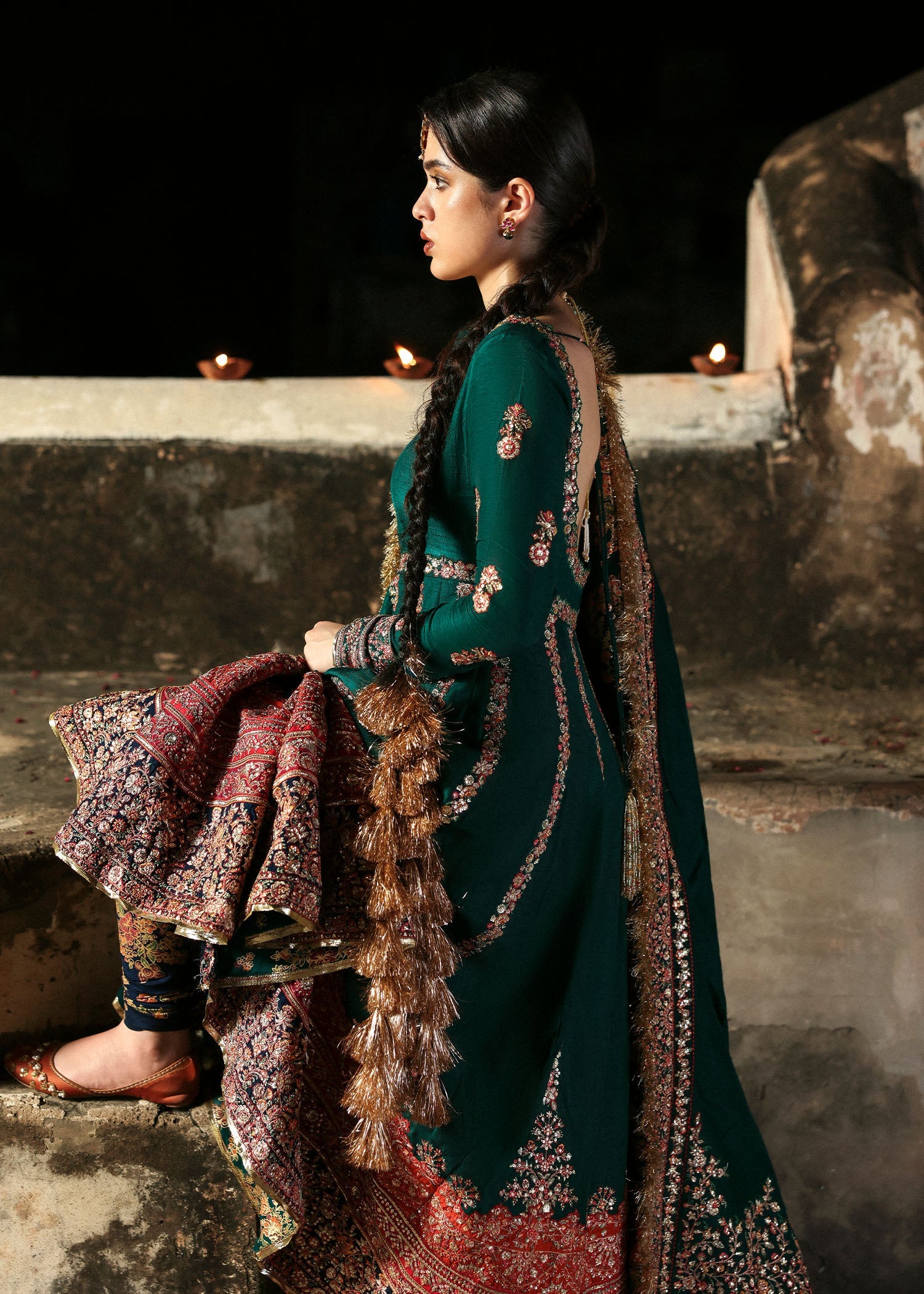 Women wearing Hussain Rehar meherunissa Emerald Green Pishwas with churidar for Wedding wear, Guest of Wedding - Pakistani Designer Wear for Women in UK | Kifat