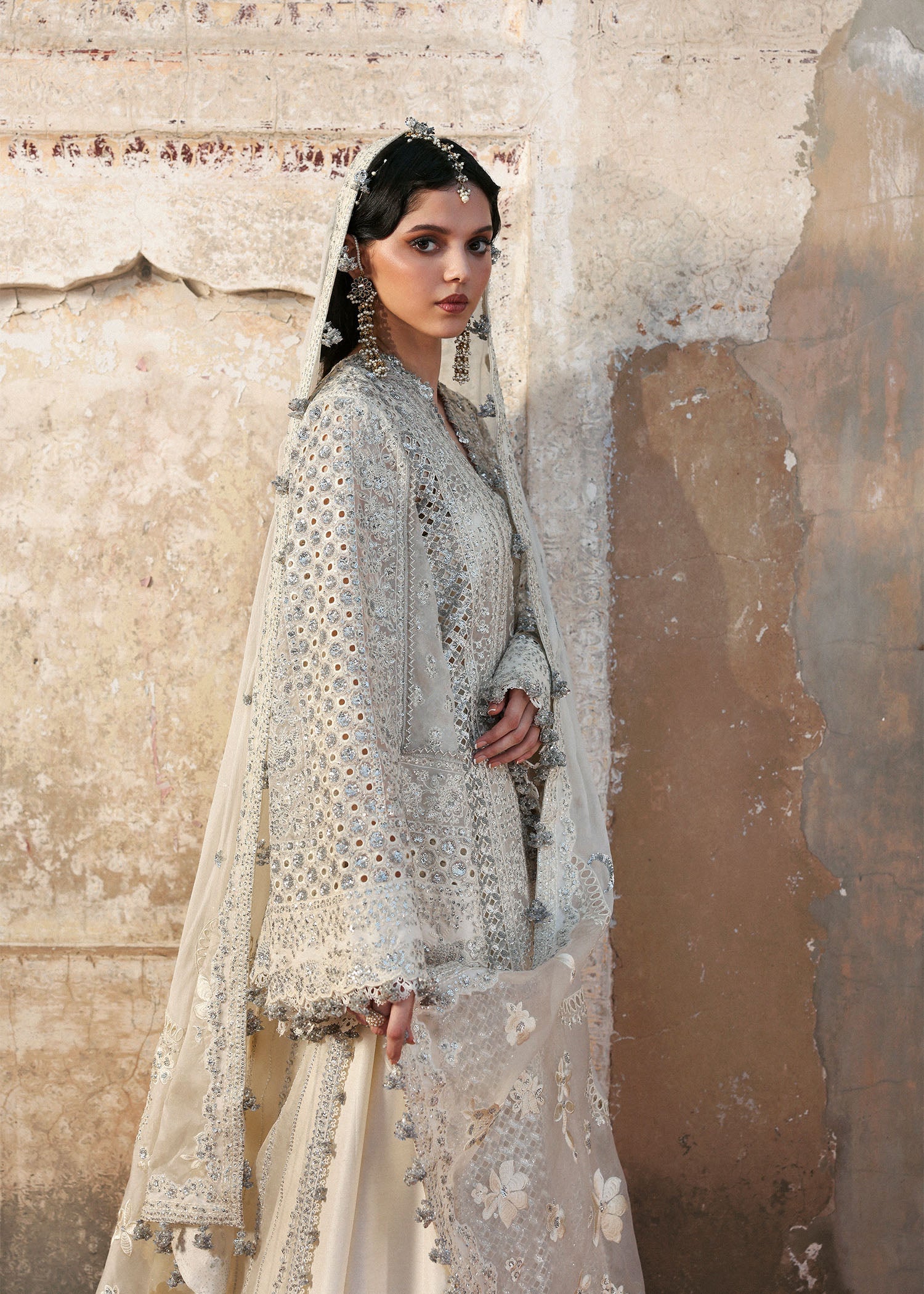 Women wearing Hussain Rehar sitara Ivory shirt with organza for Wedding wear, Guest of Wedding - Pakistani Designer Wear for Women in UK | Kifat