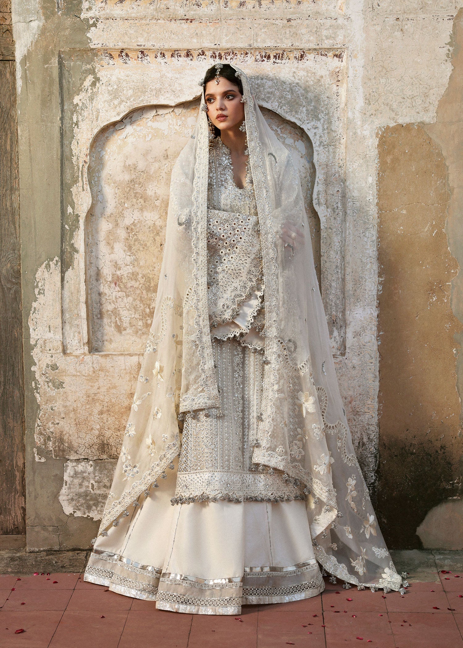 Women wearing Hussain Rehar sitara Ivory shirt with organza for Wedding wear, Guest of Wedding - Pakistani Designer Wear for Women in UK | Kifat
