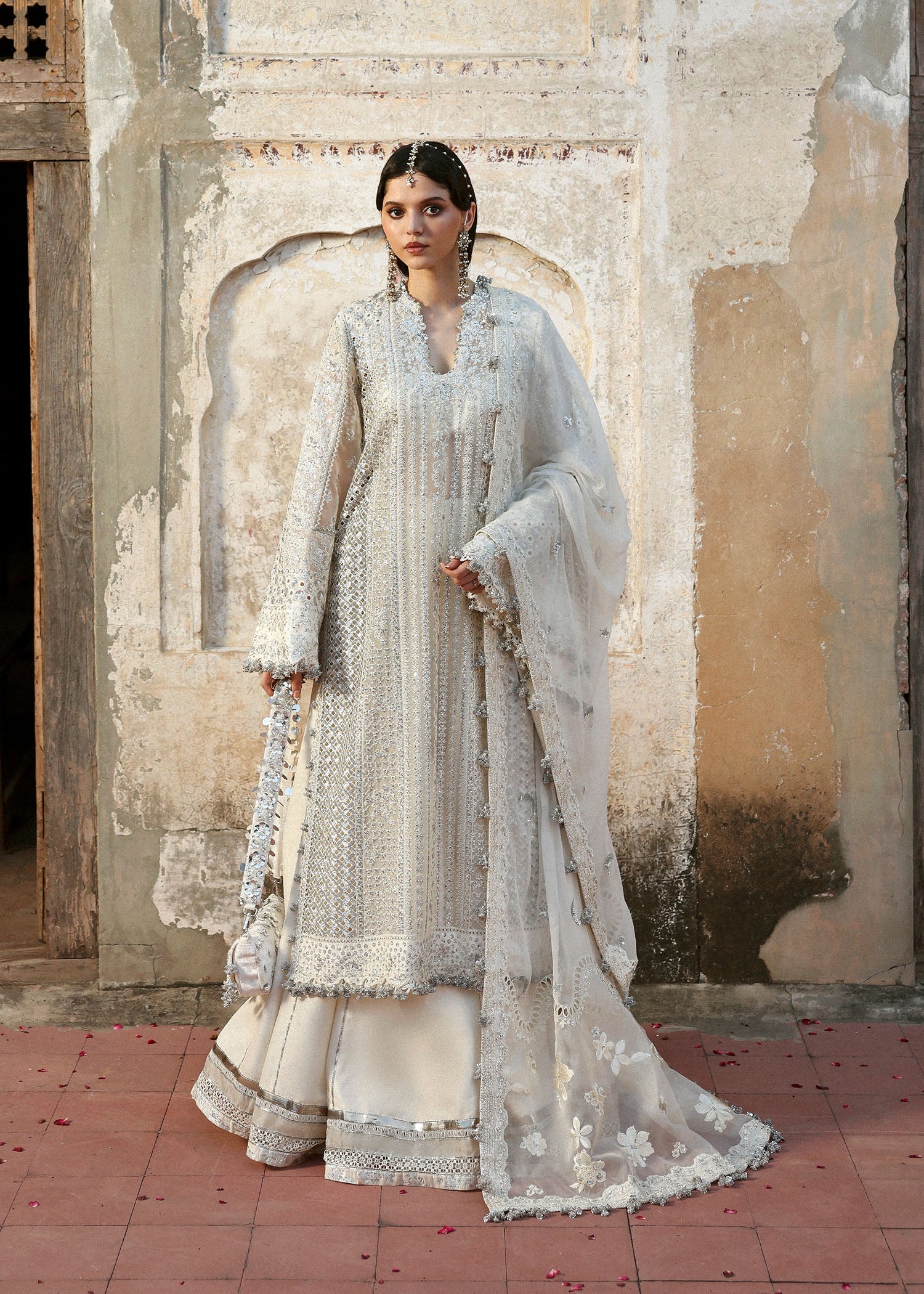 Women wearing Hussain Rehar sitara Ivory shirt with organza for Wedding wear, Guest of Wedding - Pakistani Designer Wear for Women in UK | Kifat