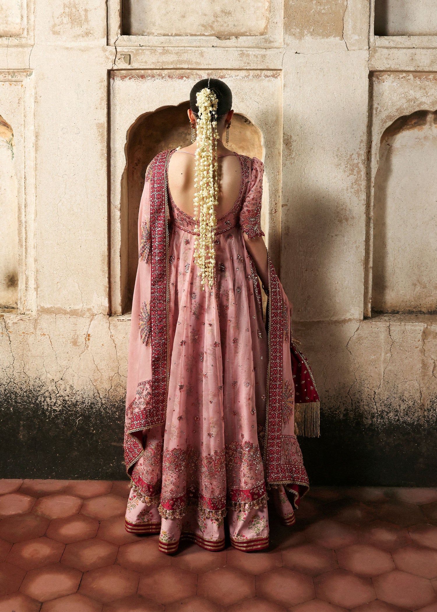 Women wearing Hussain Rehar roshanara Rose Pink front open pishwas with lehnga for Wedding wear, Guest of Wedding - Pakistani Designer Wear for Women in UK | Kifat