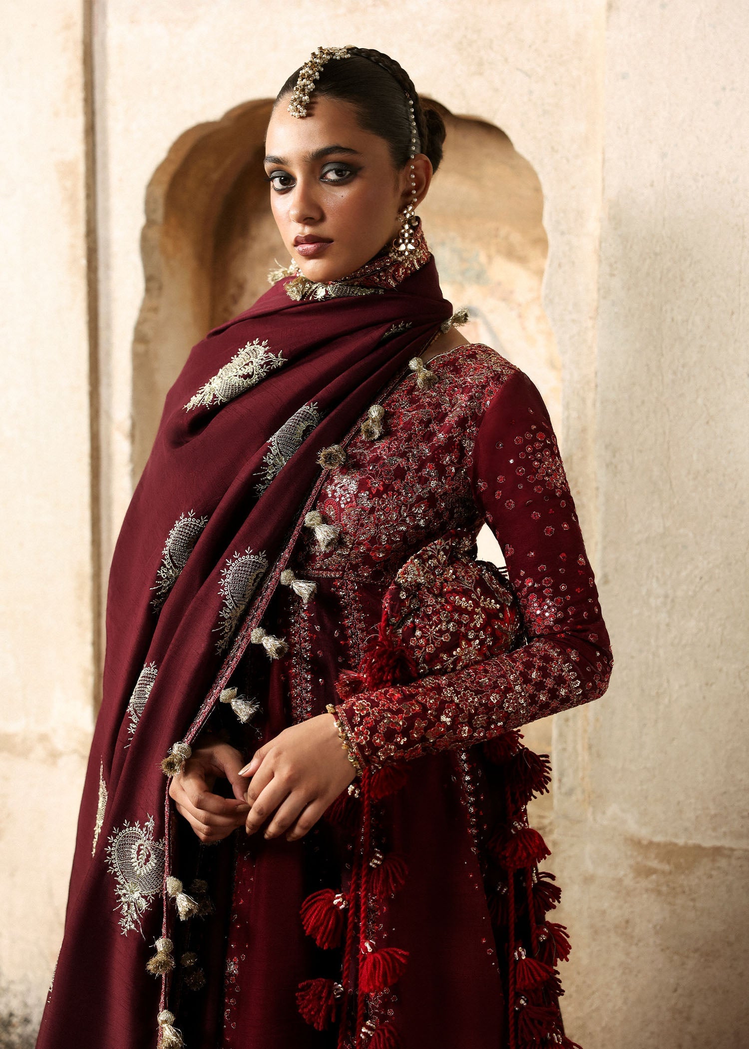 Women wearing Hussain Rehar gulnar Burgendy and Maroon Pishwas with churidar for Wedding wear, Guest of Wedding - Pakistani Designer Wear for Women in UK | Kifat