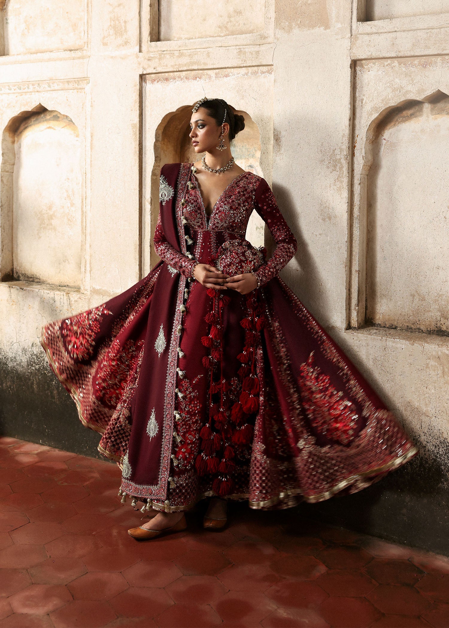Women wearing Hussain Rehar gulnar Burgendy and Maroon Pishwas with churidar for Wedding wear, Guest of Wedding - Pakistani Designer Wear for Women in UK | Kifat