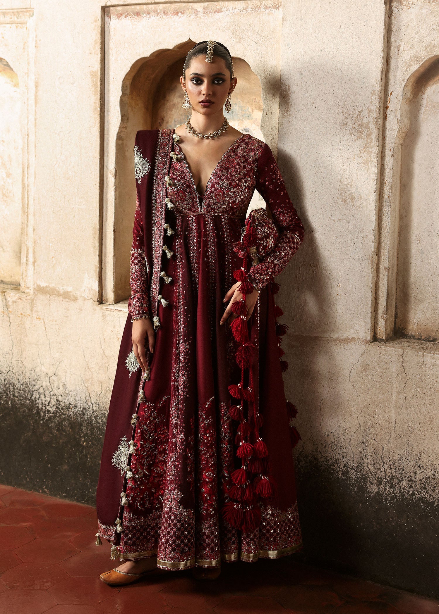 Women wearing Hussain Rehar gulnar Burgendy and Maroon Pishwas with churidar for Wedding wear, Guest of Wedding - Pakistani Designer Wear for Women in UK | Kifat