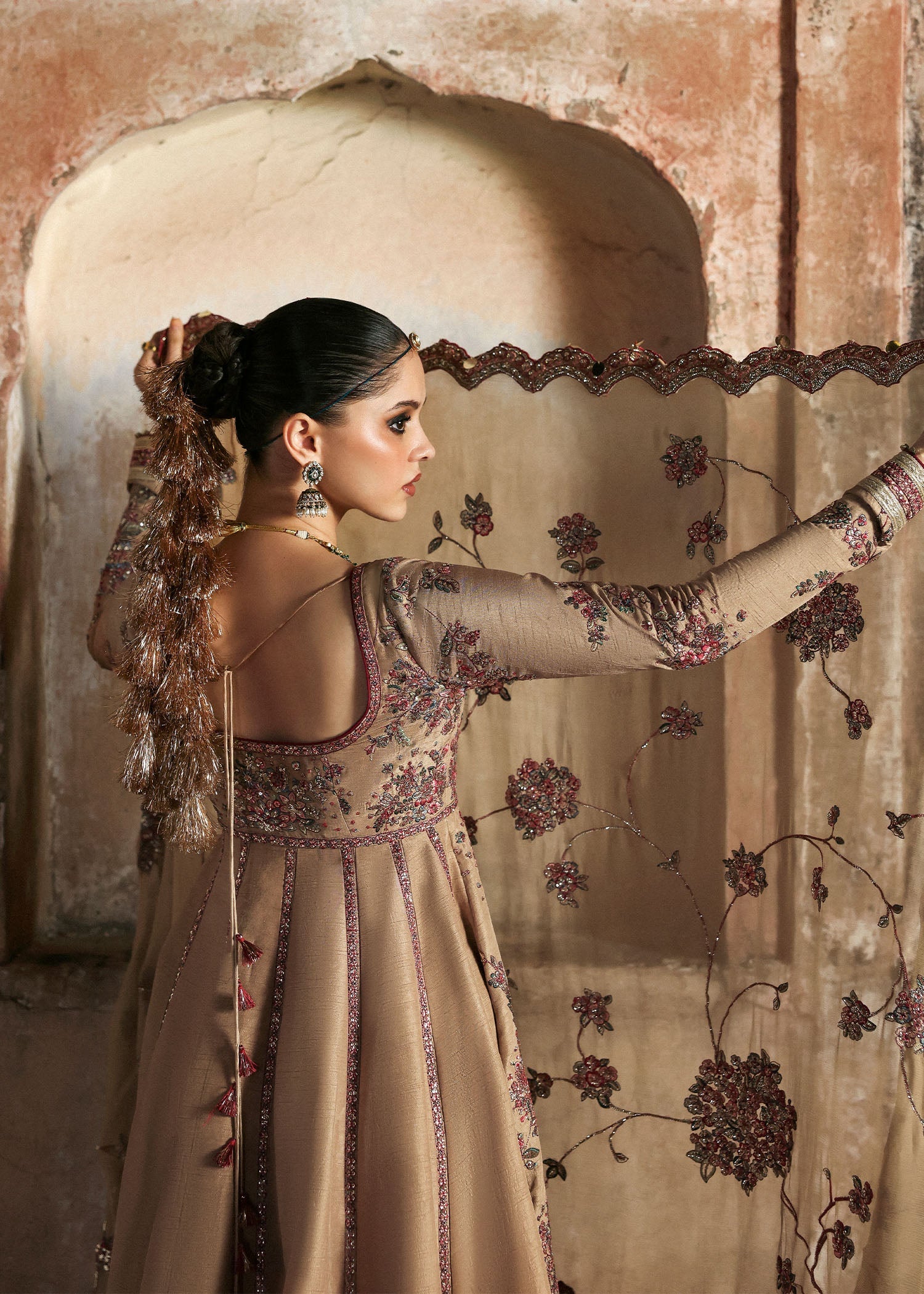 Women wearing Hussain Rehar mahvash Beige Pishwas with churidar for Wedding wear, Guest of Wedding - Pakistani Designer Wear for Women in UK | Kifat