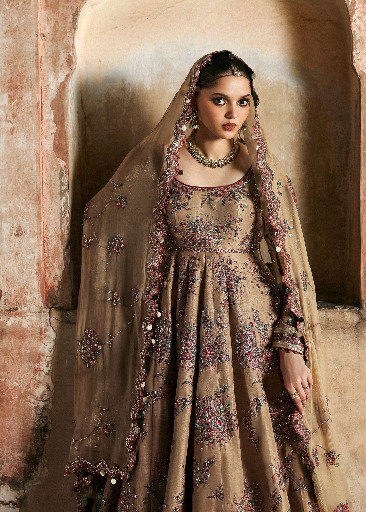 Women wearing Hussain Rehar mahvash Beige Pishwas with churidar for Wedding wear, Guest of Wedding - Pakistani Designer Wear for Women in UK | Kifat