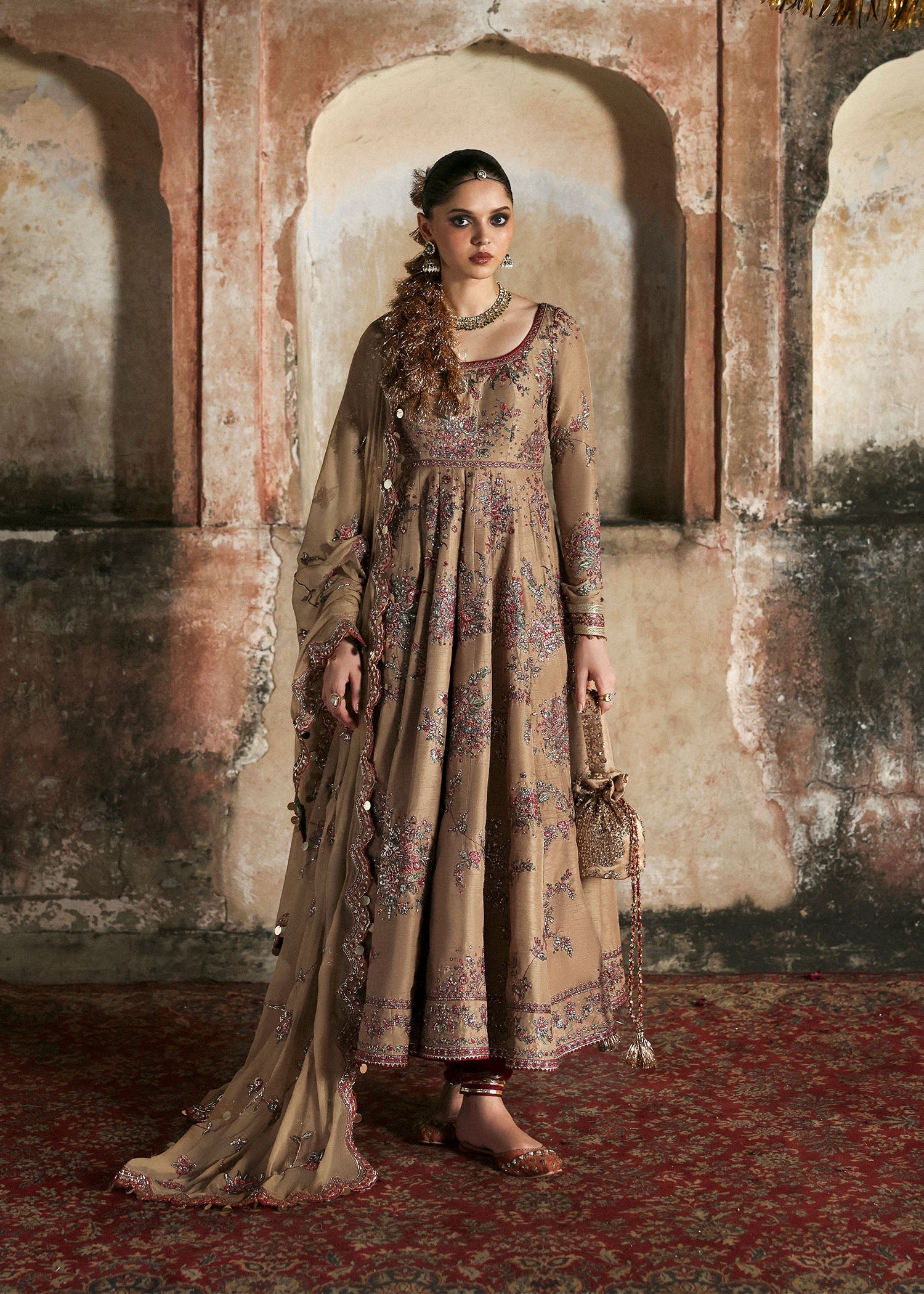 Women wearing Hussain Rehar mahvash Beige Pishwas with churidar for Wedding wear, Guest of Wedding - Pakistani Designer Wear for Women in UK | Kifat