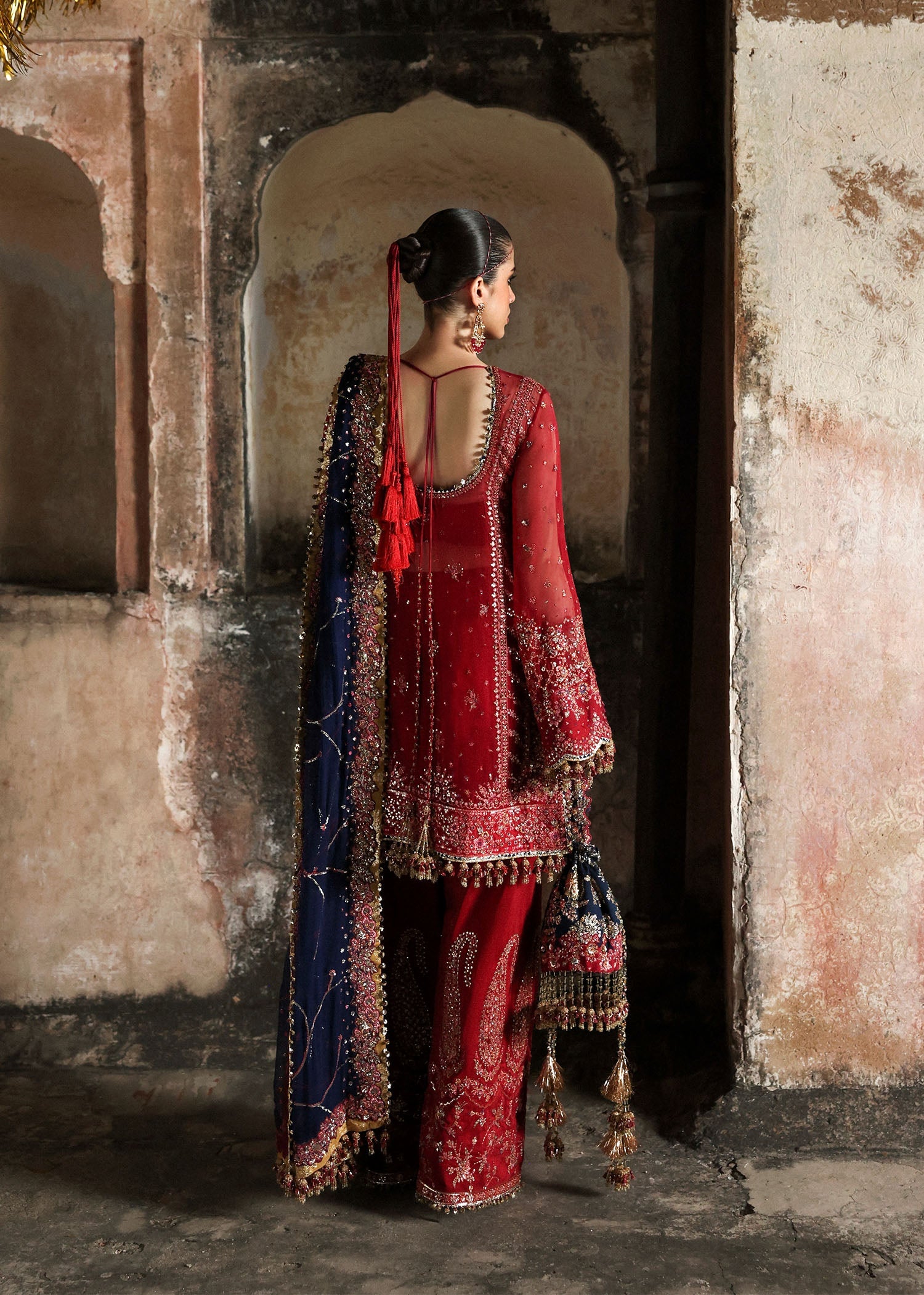 Women wearing Hussain Rehar shahrbano Cherry Red shirt with shalwar for Wedding wear, Guest of Wedding - Pakistani Designer Wear for Women in UK | Kifat