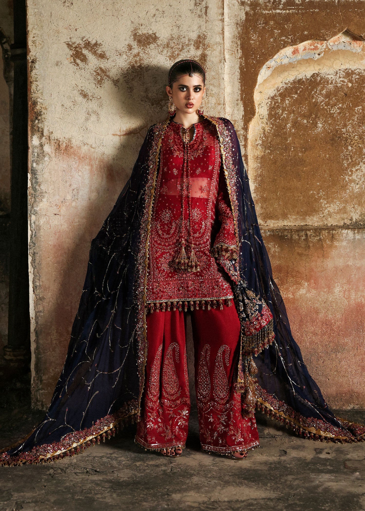 Women wearing Hussain Rehar shahrbano Cherry Red shirt with shalwar for Wedding wear, Guest of Wedding - Pakistani Designer Wear for Women in UK | Kifat