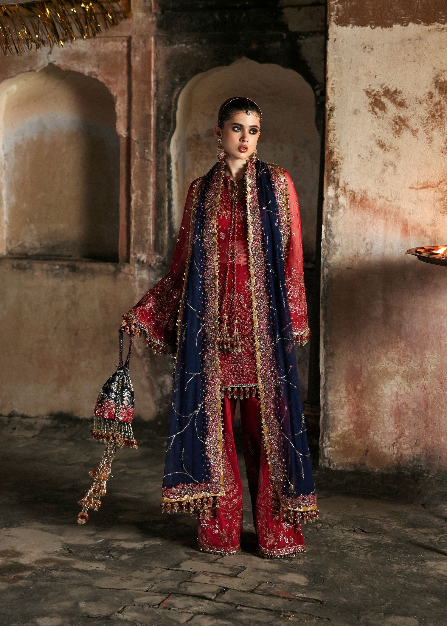 Women wearing Hussain Rehar shahrbano Cherry Red shirt with shalwar for Wedding wear, Guest of Wedding - Pakistani Designer Wear for Women in UK | Kifat
