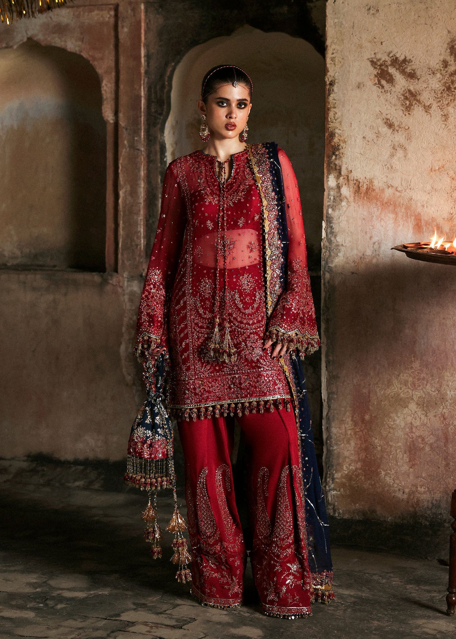 Women wearing Hussain Rehar shahrbano Cherry Red shirt with shalwar for Wedding wear, Guest of Wedding - Pakistani Designer Wear for Women in UK | Kifat