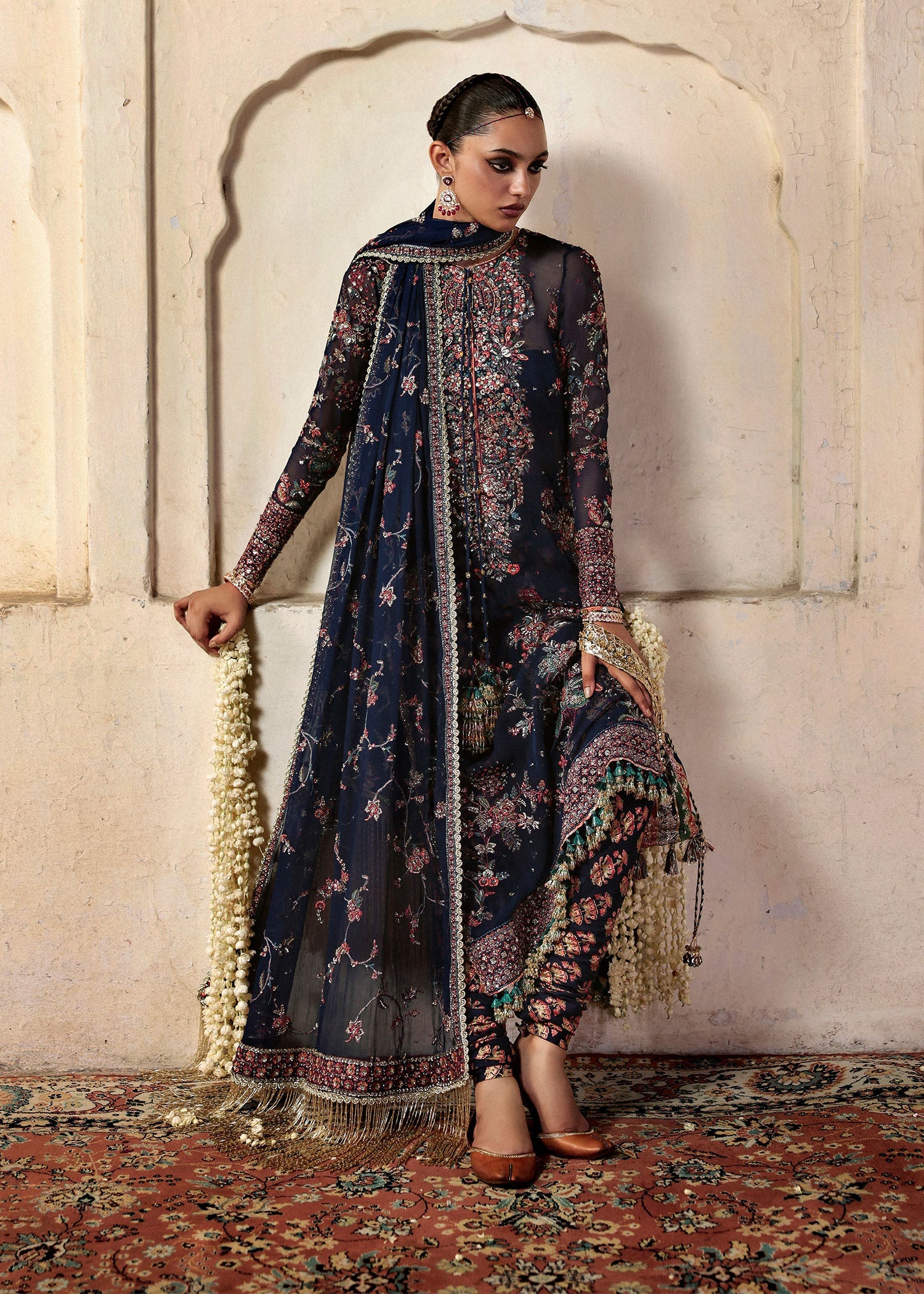 Women wearing Hussain Rehar rabab Navy Blue shirt with churidar for Wedding wear, Guest of Wedding - Pakistani Designer Wear for Women in UK | Kifat