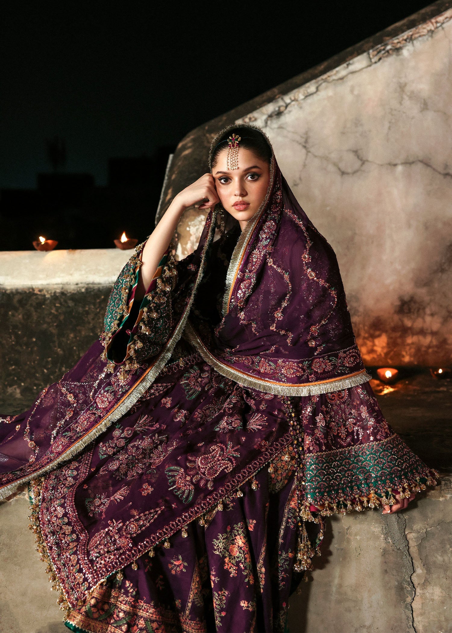 Women wearing Hussain Rehar ghazal Plum shirt with lehnga for Wedding wear, Guest of Wedding - Pakistani Designer Wear for Women in UK | Kifat