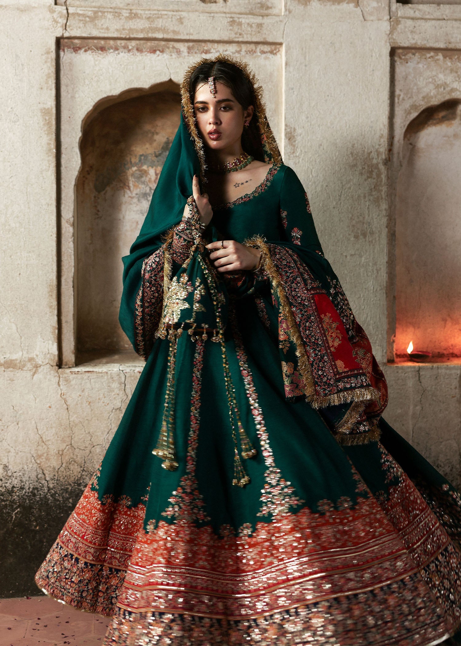 Women wearing Hussain Rehar meherunissa Emerald Green Pishwas with churidar for Wedding wear, Guest of Wedding - Pakistani Designer Wear for Women in UK | Kifat