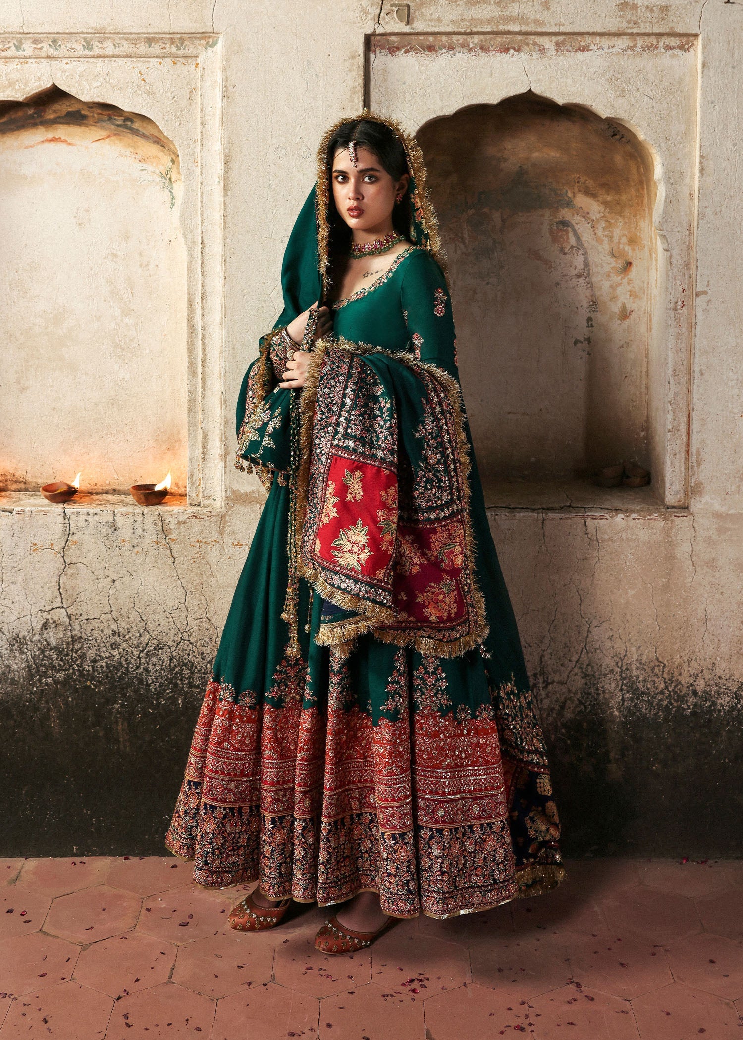 Women wearing Hussain Rehar meherunissa Emerald Green Pishwas with churidar for Wedding wear, Guest of Wedding - Pakistani Designer Wear for Women in UK | Kifat
