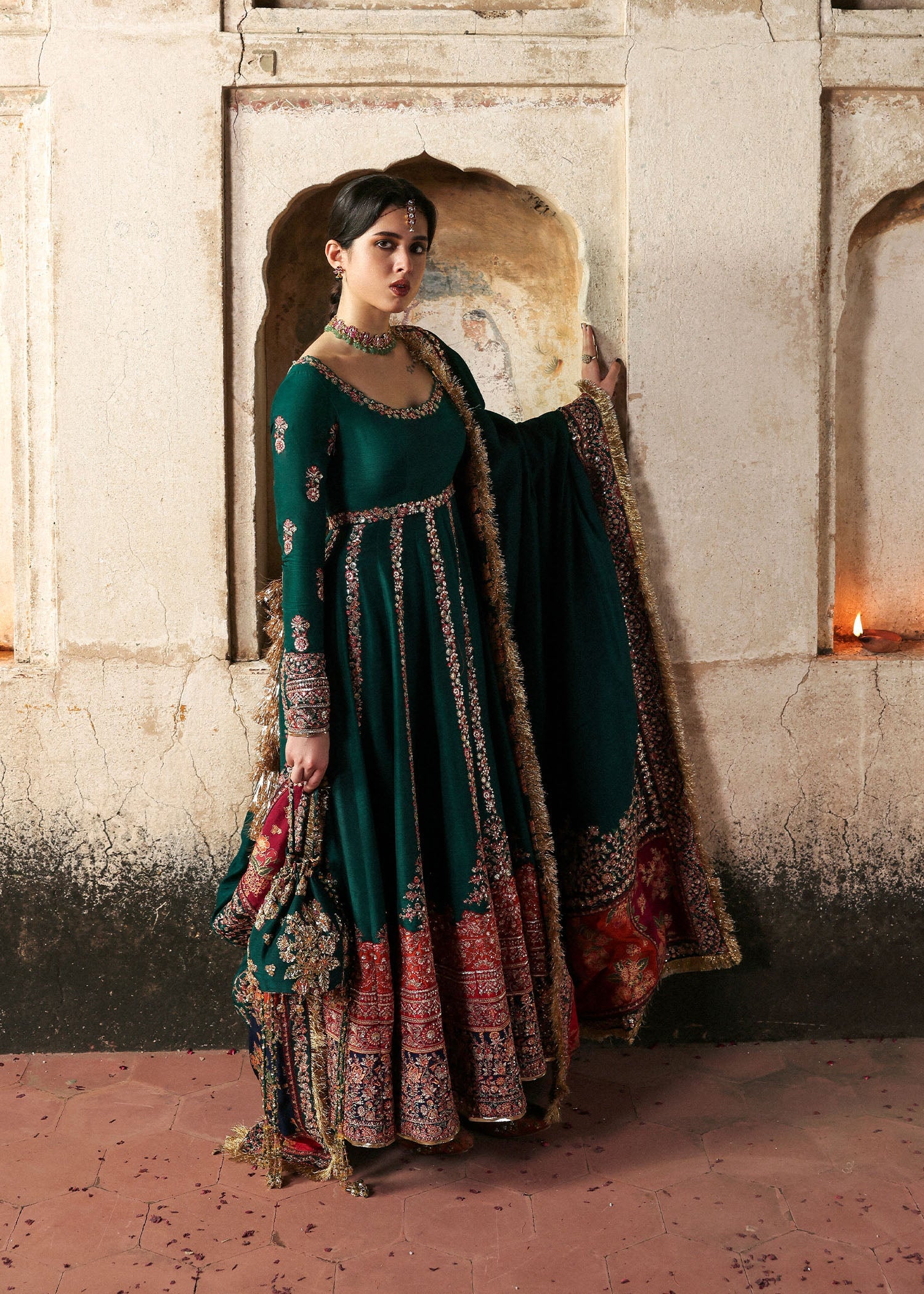 Women wearing Hussain Rehar meherunissa Emerald Green Pishwas with churidar for Wedding wear, Guest of Wedding - Pakistani Designer Wear for Women in UK | Kifat