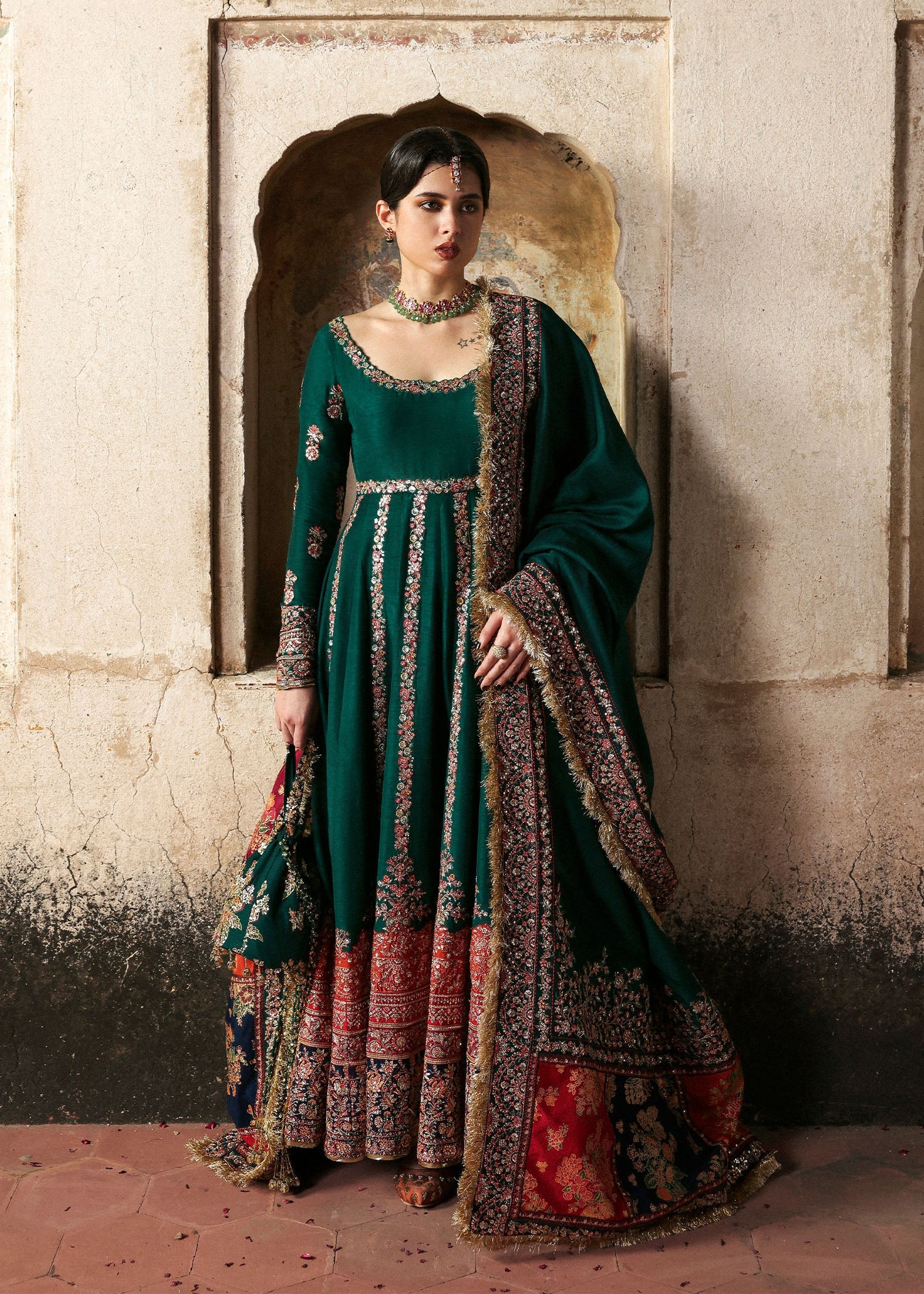 Women wearing Hussain Rehar meherunissa Emerald Green Pishwas with churidar for Wedding wear, Guest of Wedding - Pakistani Designer Wear for Women in UK | Kifat