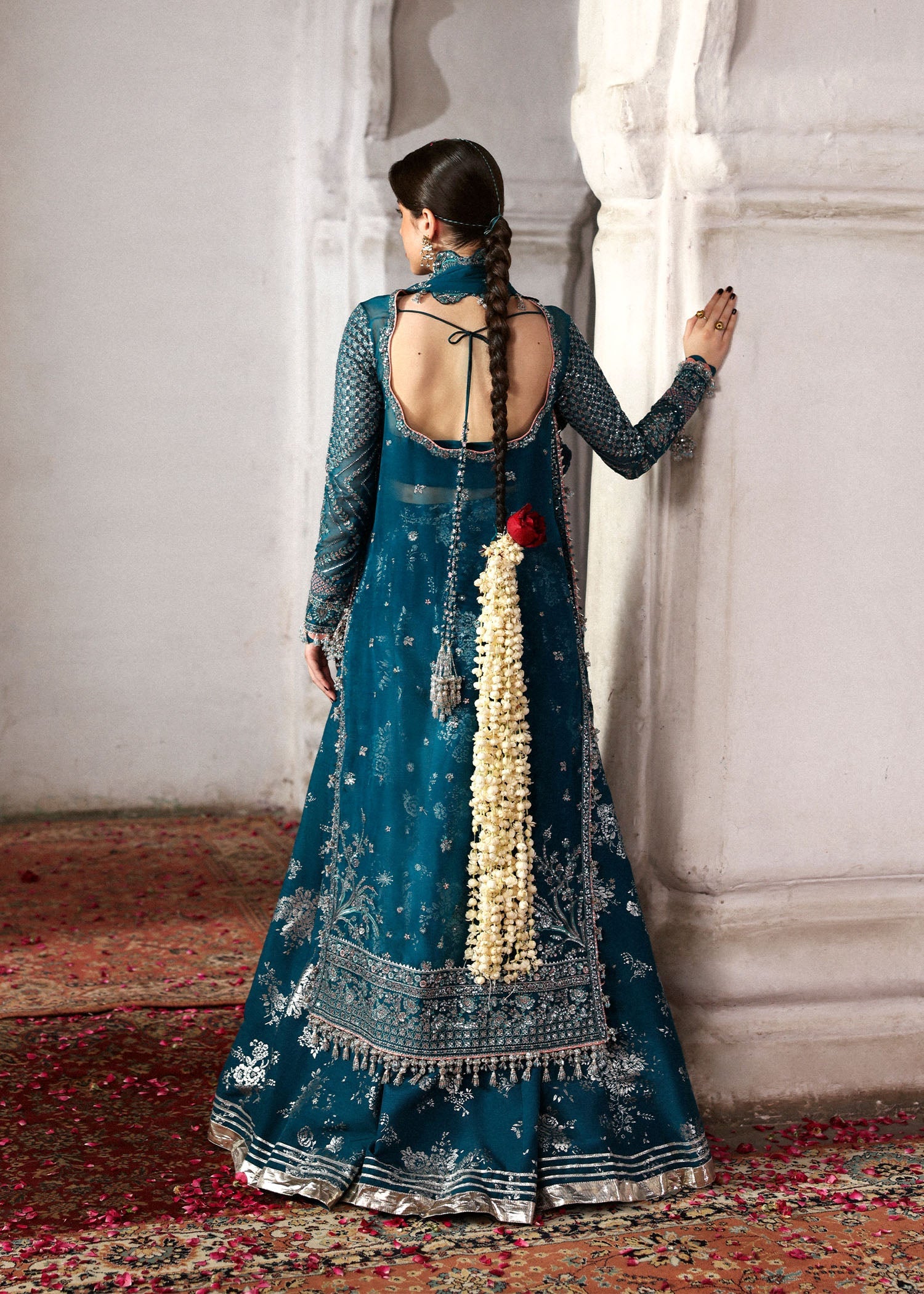 Women wearing Hussain Rehar zebunisa Teal Shirt with Sharara for Wedding wear, Guest of Wedding - Pakistani Designer Wear for Women in UK | Kifat