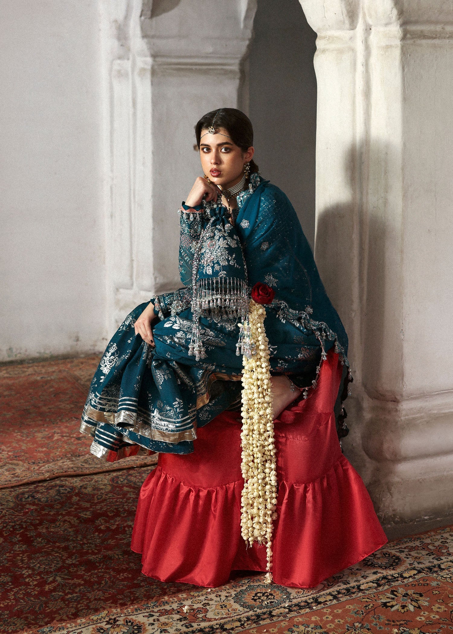 Women wearing Hussain Rehar zebunisa Teal Shirt with Sharara for Wedding wear, Guest of Wedding - Pakistani Designer Wear for Women in UK | Kifat