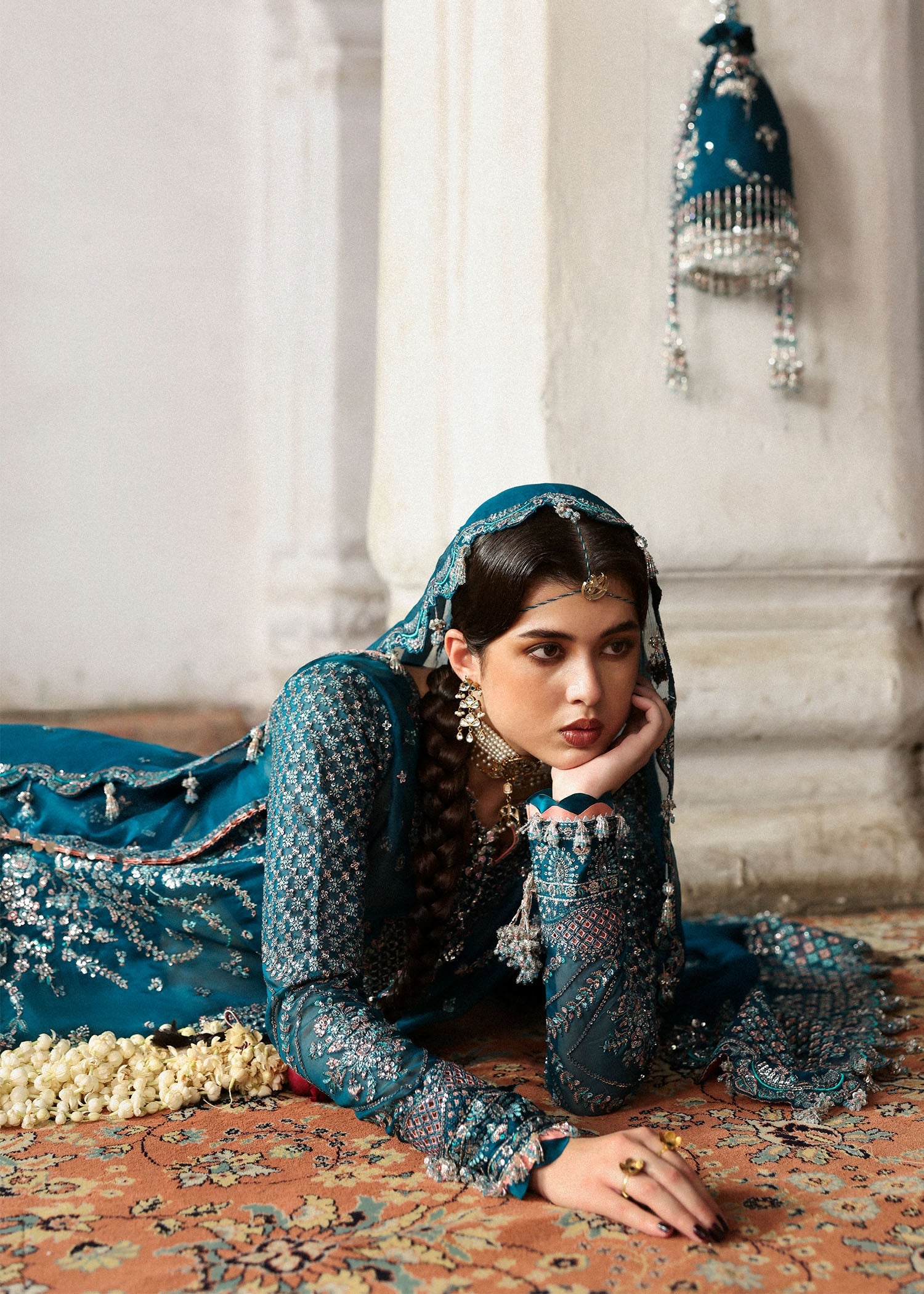 Women wearing Hussain Rehar zebunisa Teal Shirt with Sharara for Wedding wear, Guest of Wedding - Pakistani Designer Wear for Women in UK | Kifat