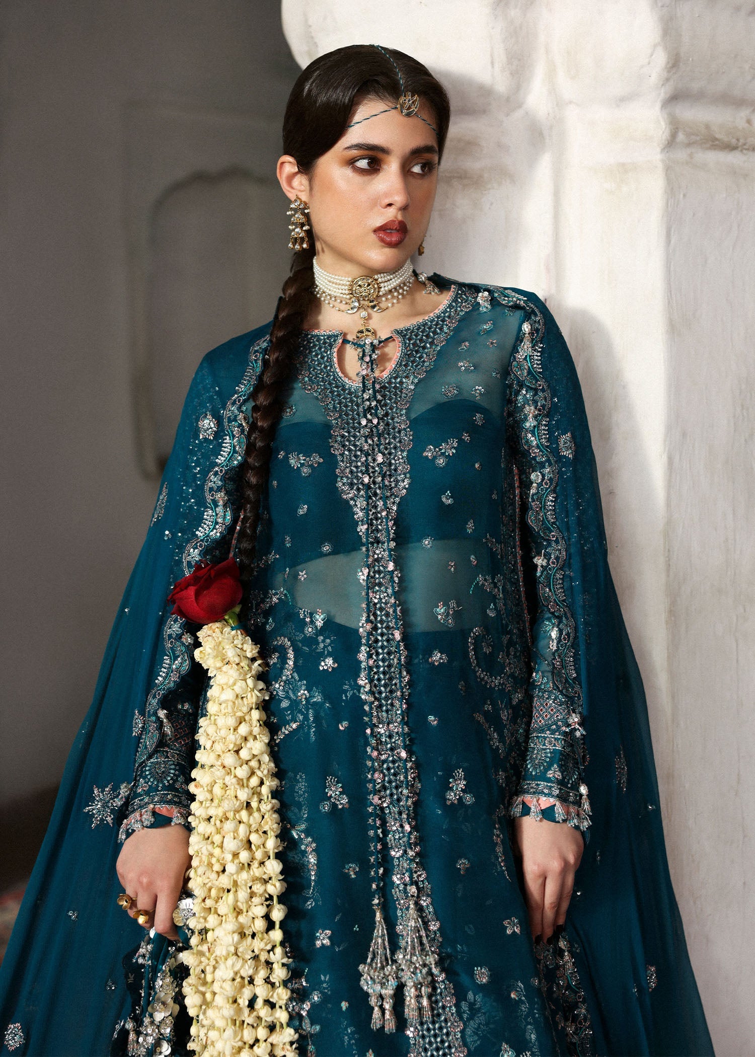 Women wearing Hussain Rehar zebunisa Teal Shirt with Sharara for Wedding wear, Guest of Wedding - Pakistani Designer Wear for Women in UK | Kifat