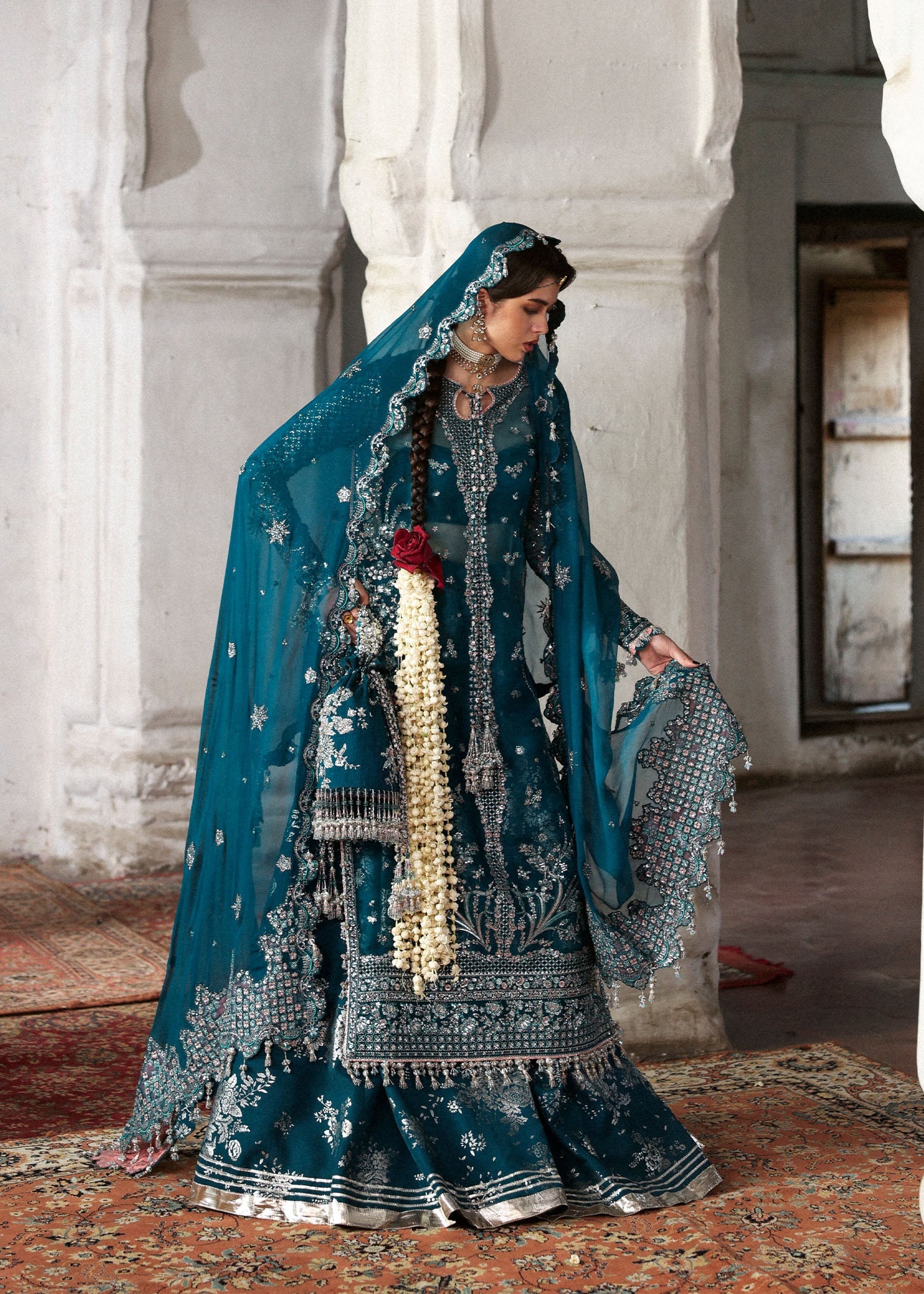 Women wearing Hussain Rehar zebunisa Teal Shirt with Sharara for Wedding wear, Guest of Wedding - Pakistani Designer Wear for Women in UK | Kifat