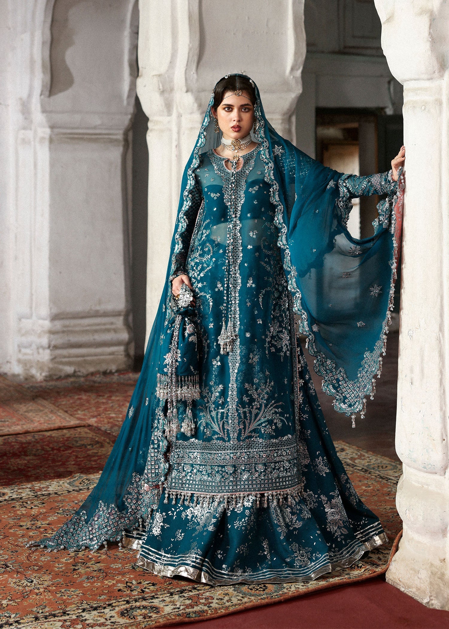 Women wearing Hussain Rehar zebunisa Teal Shirt with Sharara for Wedding wear, Guest of Wedding - Pakistani Designer Wear for Women in UK | Kifat