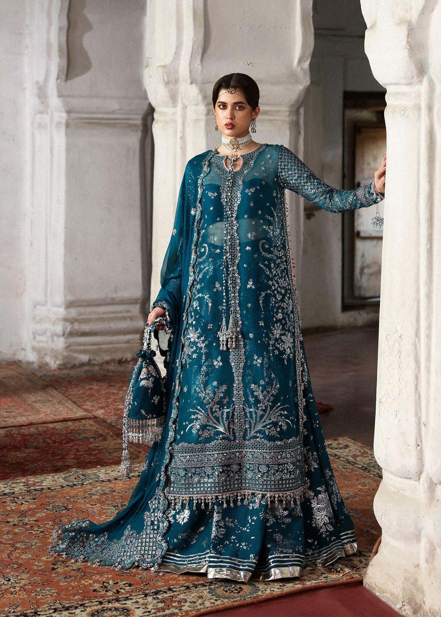 Women wearing Hussain Rehar zebunisa Teal Shirt with Sharara for Wedding wear, Guest of Wedding - Pakistani Designer Wear for Women in UK | Kifat