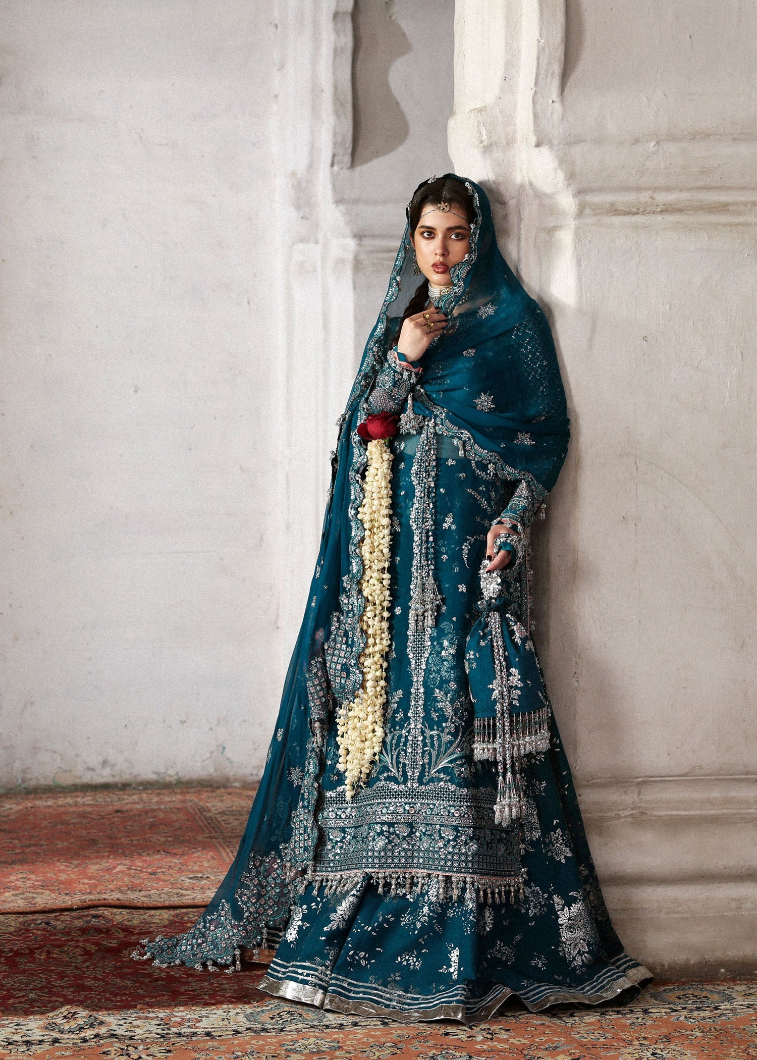 Women wearing Hussain Rehar zebunisa Teal Shirt with Sharara for Wedding wear, Guest of Wedding - Pakistani Designer Wear for Women in UK | Kifat