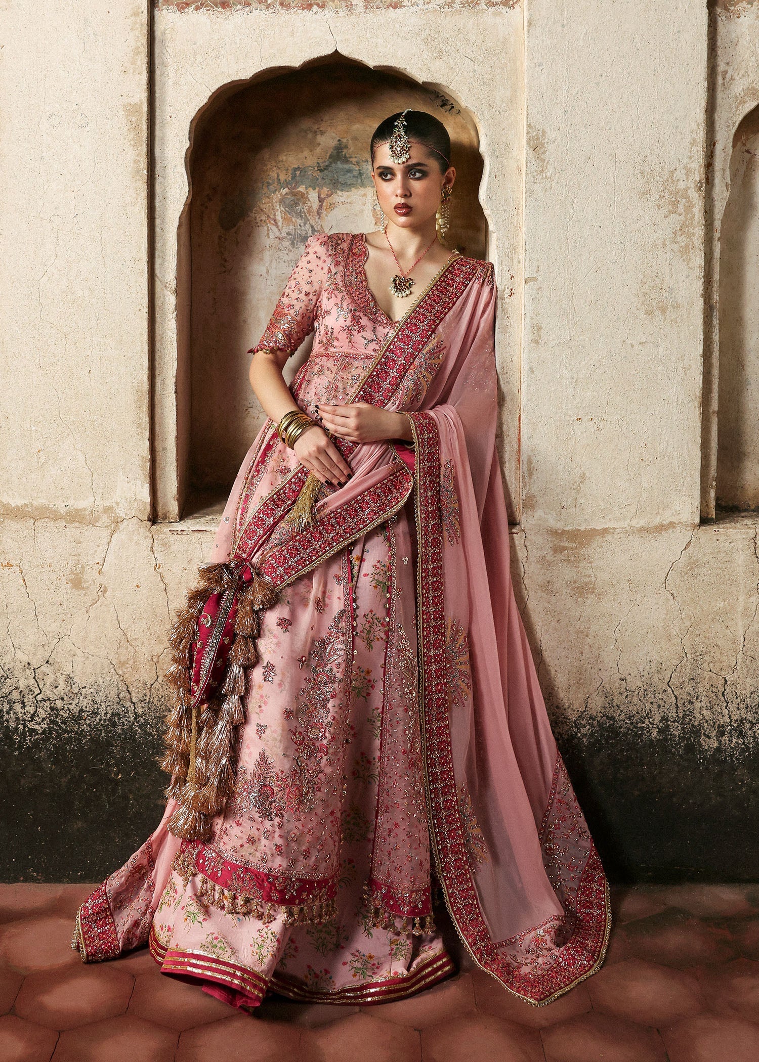 Women wearing Hussain Rehar roshanara Rose Pink front open pishwas with lehnga for Wedding wear, Guest of Wedding - Pakistani Designer Wear for Women in UK | Kifat