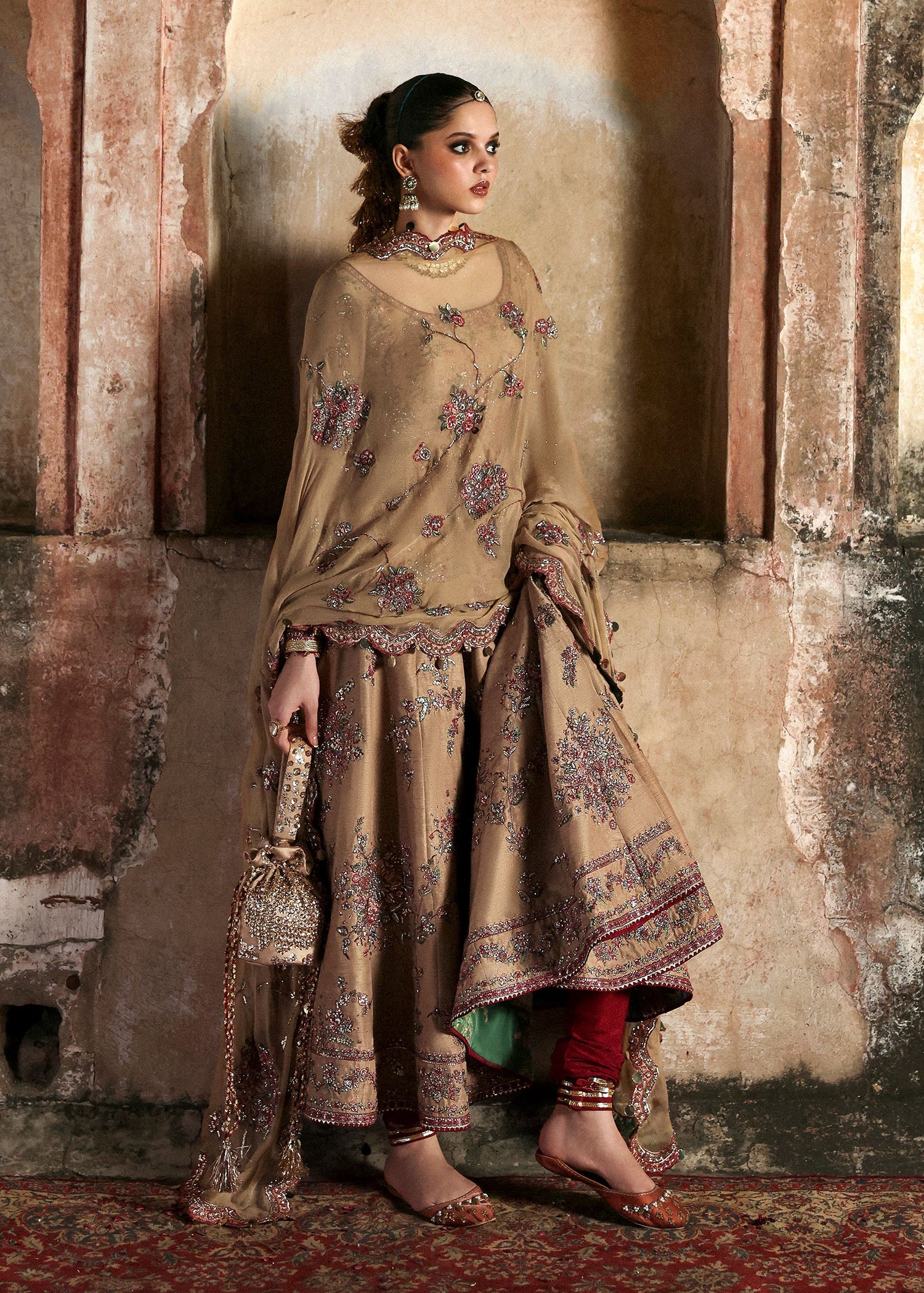 Women wearing Hussain Rehar mahvash Beige Pishwas with churidar for Wedding wear, Guest of Wedding - Pakistani Designer Wear for Women in UK | Kifat