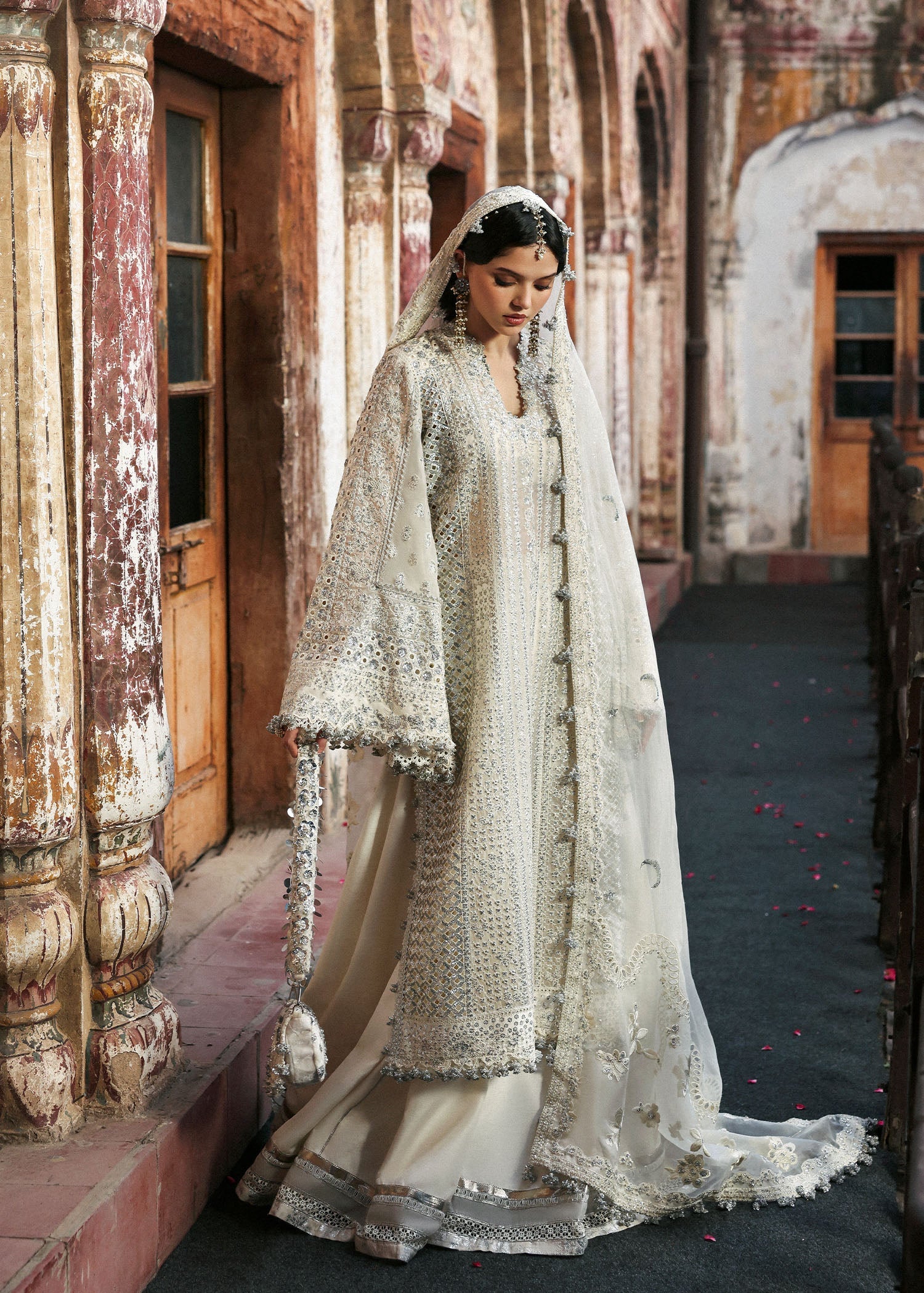 Women wearing Hussain Rehar sitara Ivory shirt with organza for Wedding wear, Guest of Wedding - Pakistani Designer Wear for Women in UK | Kifat
