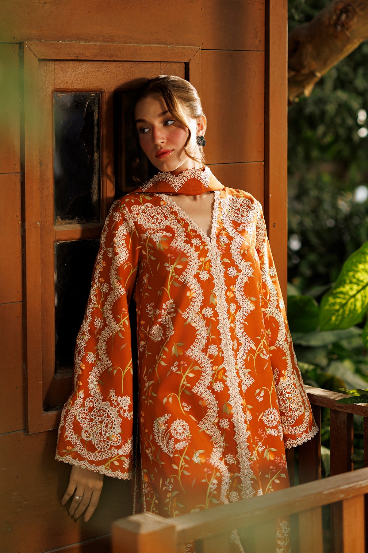 Women Wearing Elyora Rust Long Shirt  For Luxury Events - Pakistani Designer Wear For Women In Uk | Kifat