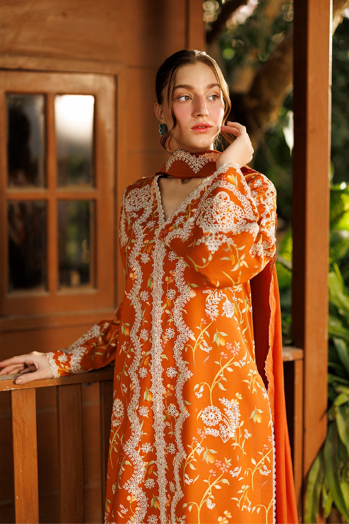 Women Wearing Elyora Rust Long Shirt  For Luxury Events - Pakistani Designer Wear For Women In Uk | Kifat