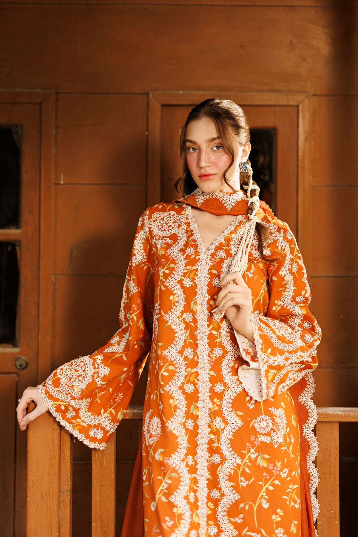 Women Wearing Elyora Rust Long Shirt  For Luxury Events - Pakistani Designer Wear For Women In Uk | Kifat