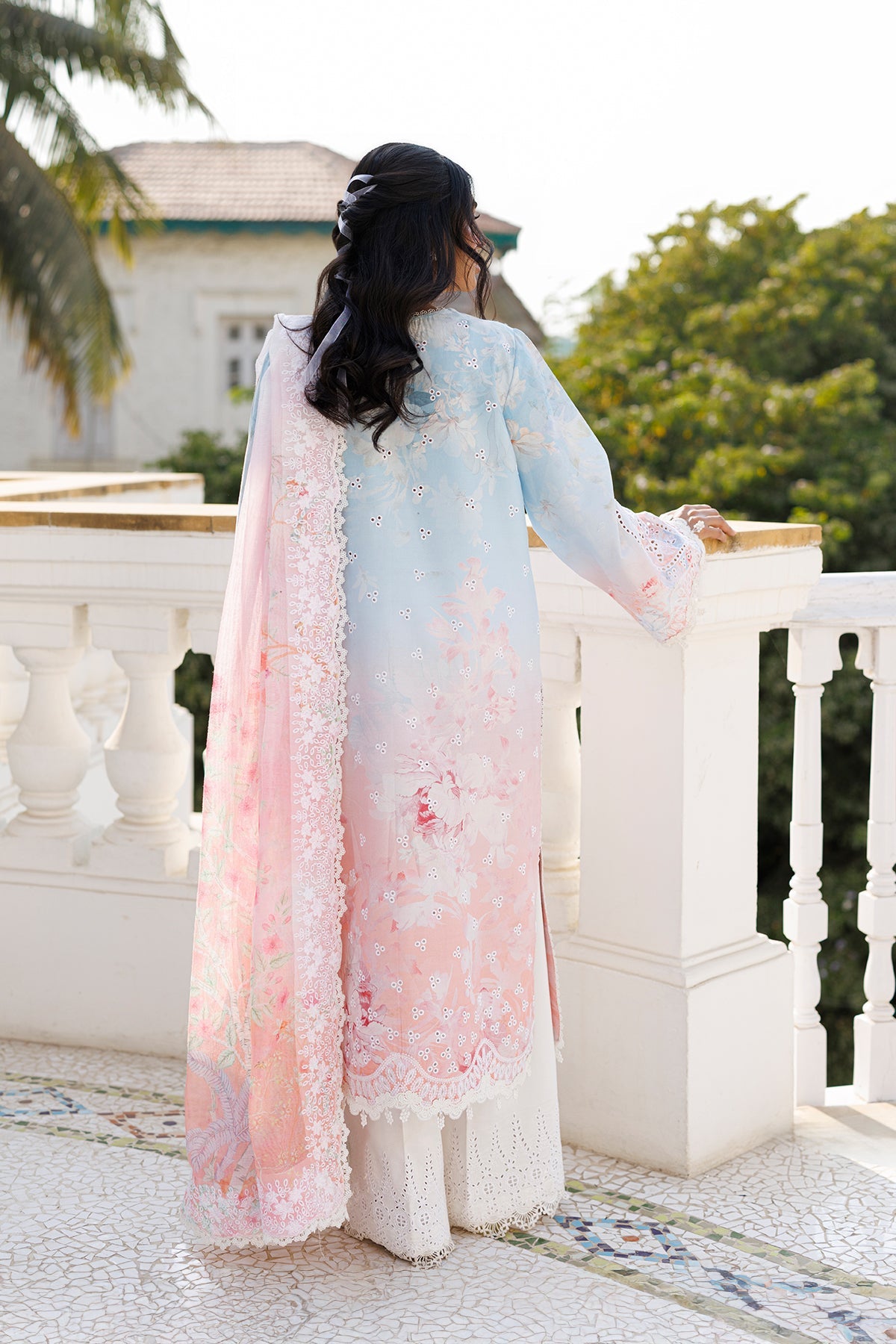 Women Wearing Liloura Pink Blue Long Shirt  For Luxury Events - Pakistani Designer Wear For Women In Uk | Kifat