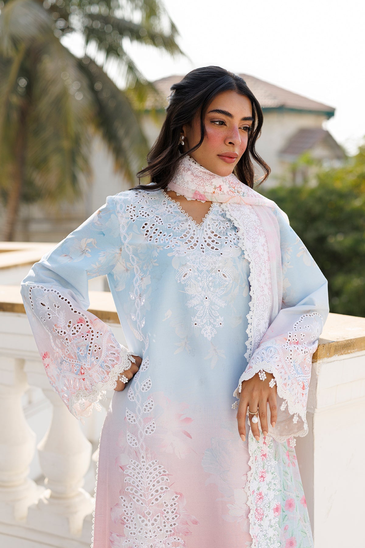 Women Wearing Liloura Pink Blue Long Shirt  For Luxury Events - Pakistani Designer Wear For Women In Uk | Kifat