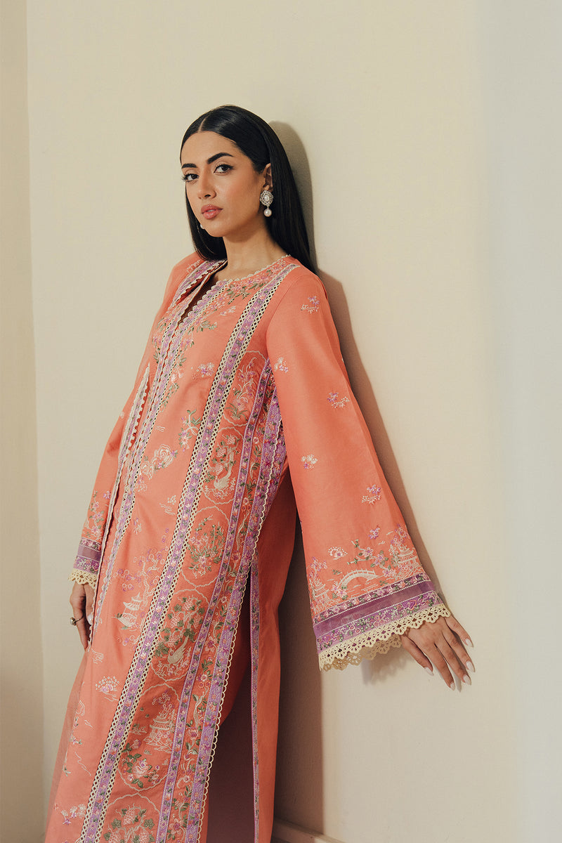 Women Wearing Skyhush Orange Long Open Shirt For Luxury Events - Pakistani Designer Wear For Women In UK | Kifat