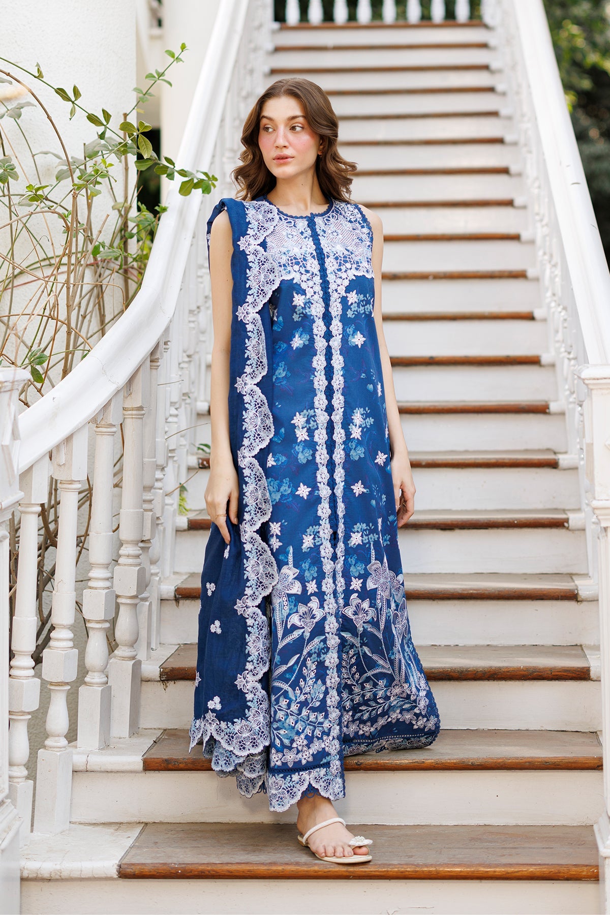 Women Wearing Celestara Blue Long Shirt  For Luxury Events - Pakistani Designer Wear For Women In Uk | Kifat